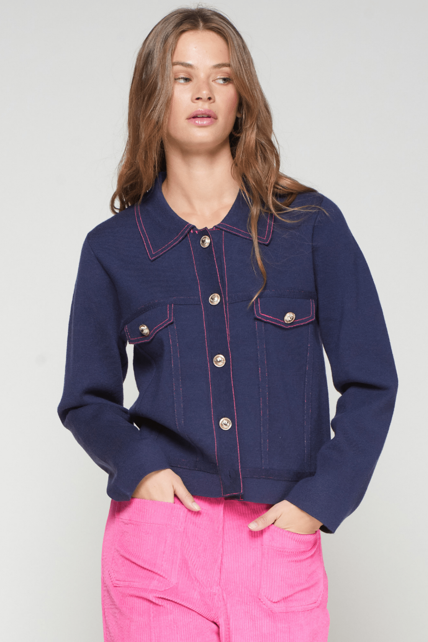 Vilagallo 32764 Navy Contrast Pink Stitch Cardigan Jacket - Dotique - Vilagallo
