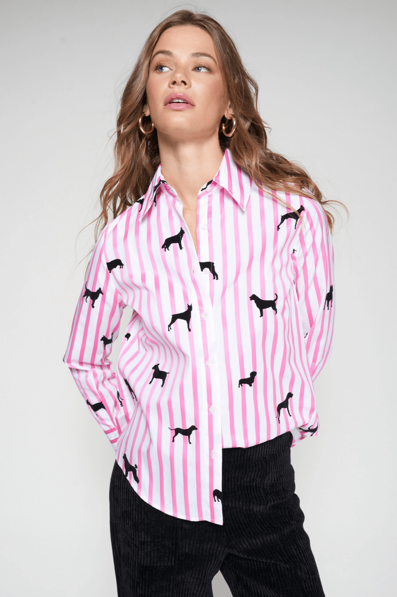 Vilagallo 32806 Pink Stripe Dog Print Cotton Shirt by Vilagallo, shop Vilagallo at Dotique for stylish cotton shirts.