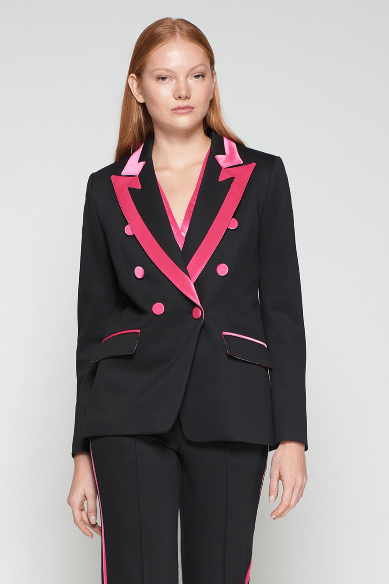 Vilagallo 32826 Black & Fuchsia Velvet Trim Double-Breasted Blazer by Vilagallo, shop Vilagallo at Dotique.