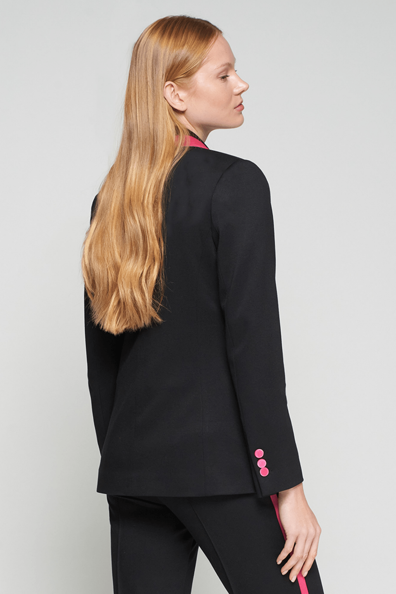 Vilagallo 32826 Black & Fuchsia Velvet Trim Double-Breasted Blazer by Vilagallo, shop Vilagallo at Dotique elegant fashion.