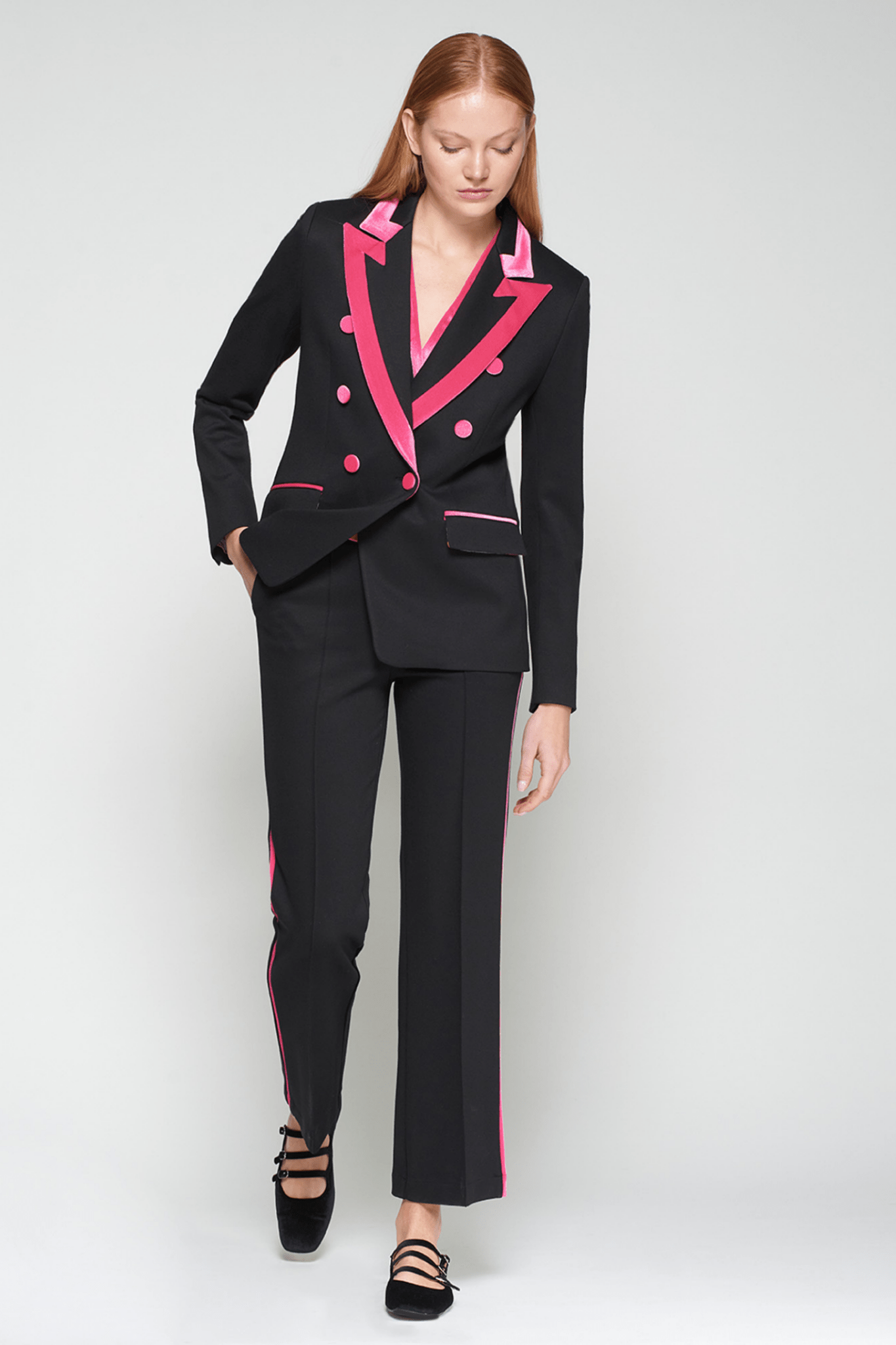 Vilagallo 32826 Black & Fuchsia Velvet Trim Double-Breasted Blazer by Vilagallo, shop Vilagallo at Dotique.