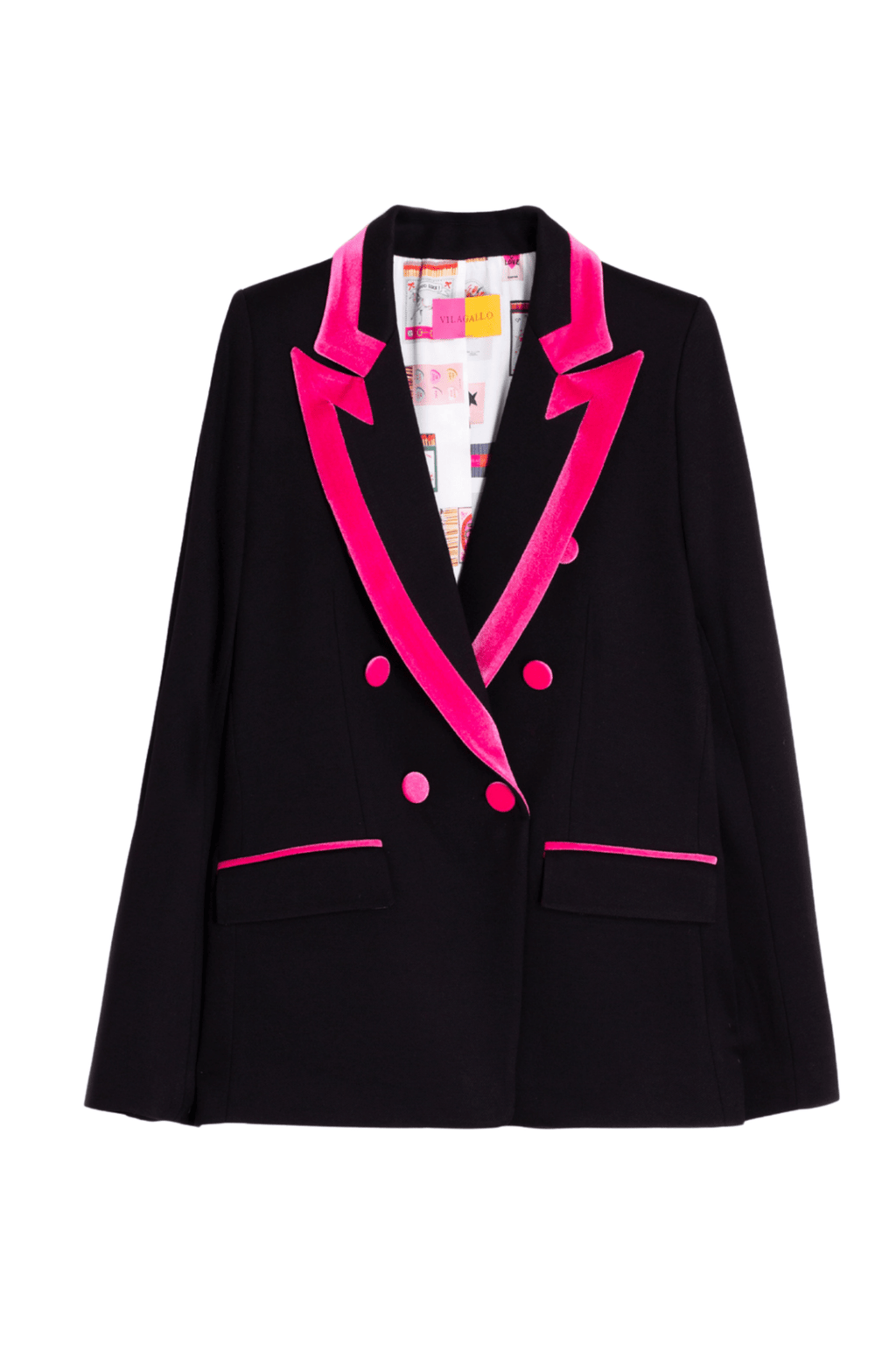 Vilagallo 32826 Black & Fuchsia Velvet Trim Double - Breasted Blazer - Dotique - Vilagallo