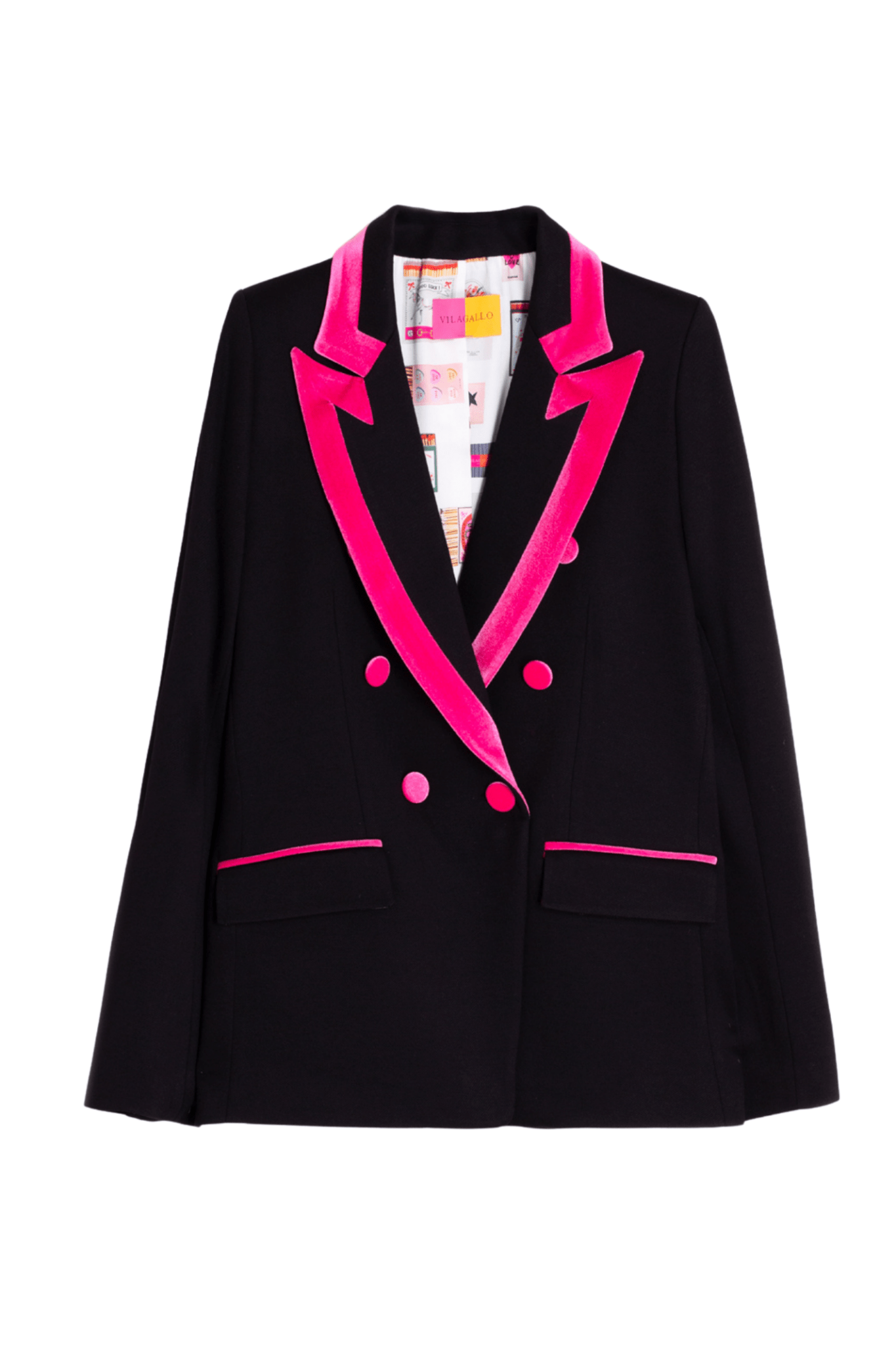 Vilagallo 32826 Black & Fuchsia Velvet Trim Double-Breasted Blazer by Vilagallo, shop the vendor at Dotique.