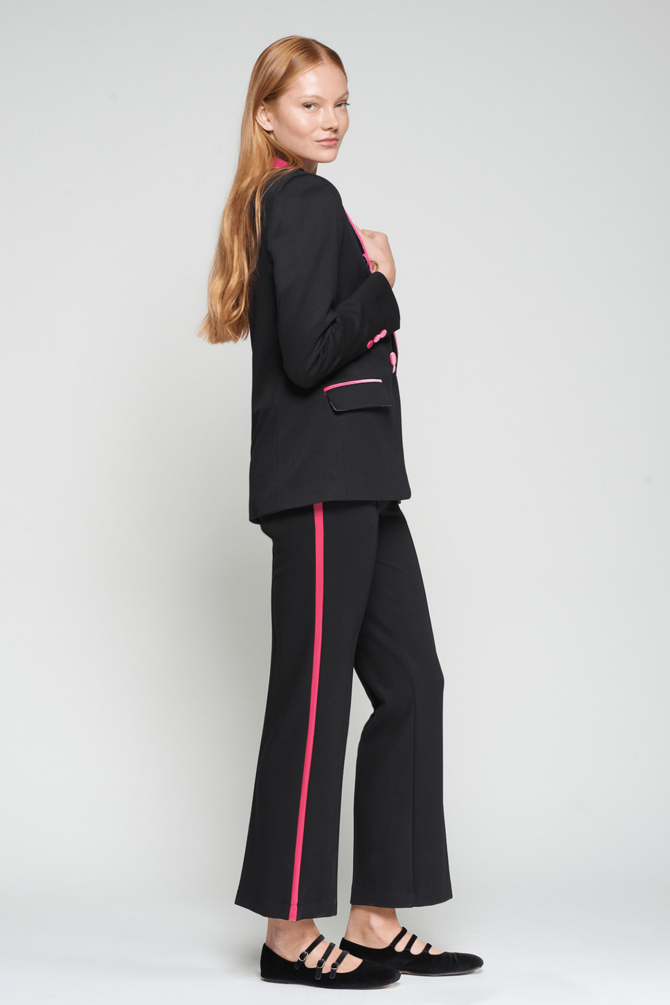 Vilagallo 32827 Black Trousers with Pink Side Stripe styled with matching blazer by Vilagallo, shop at Dotique.