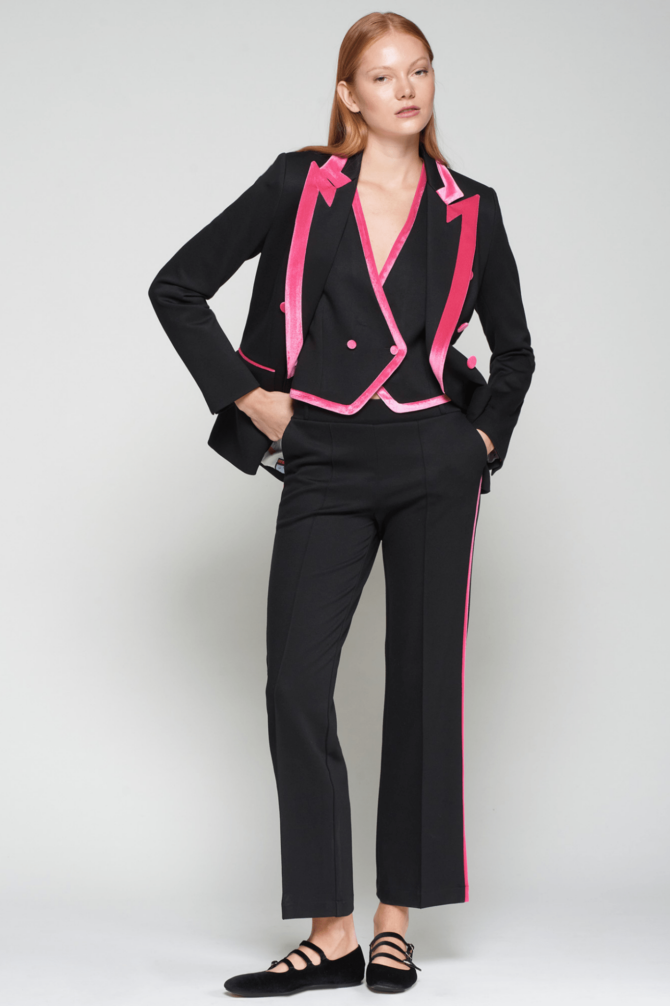 Vilagallo 32827 Black Trousers with Pink Side Stripe by Vilagallo, shop Vilagallo at Dotique for stylish trousers.