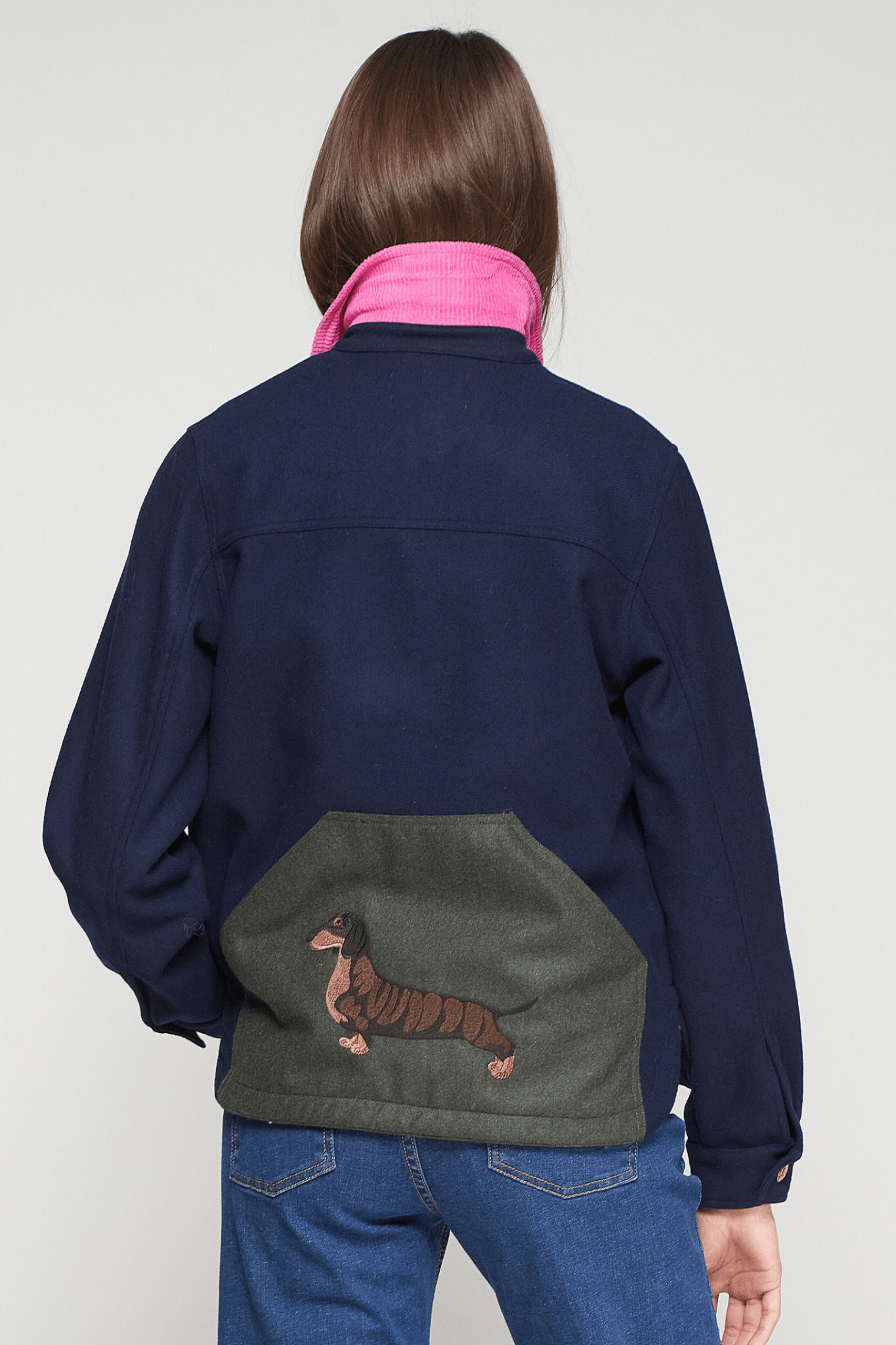 Vilagallo 32828 Navy Jacket with Pink Cord Collar and Dachshund Detail by Vilagallo, shop Vilagallo at Dotique