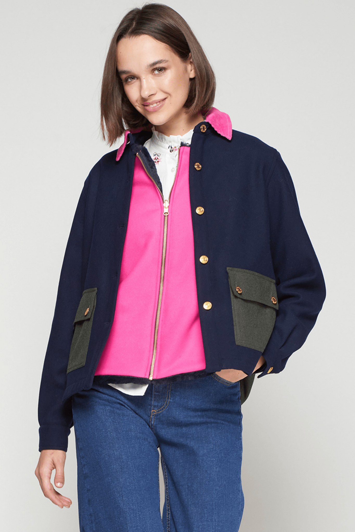 Vilagallo 32828 Navy Jacket with Pink Cord Collar and Dachshund Detail by Vilagallo, shop Vilagallo at Dotique.