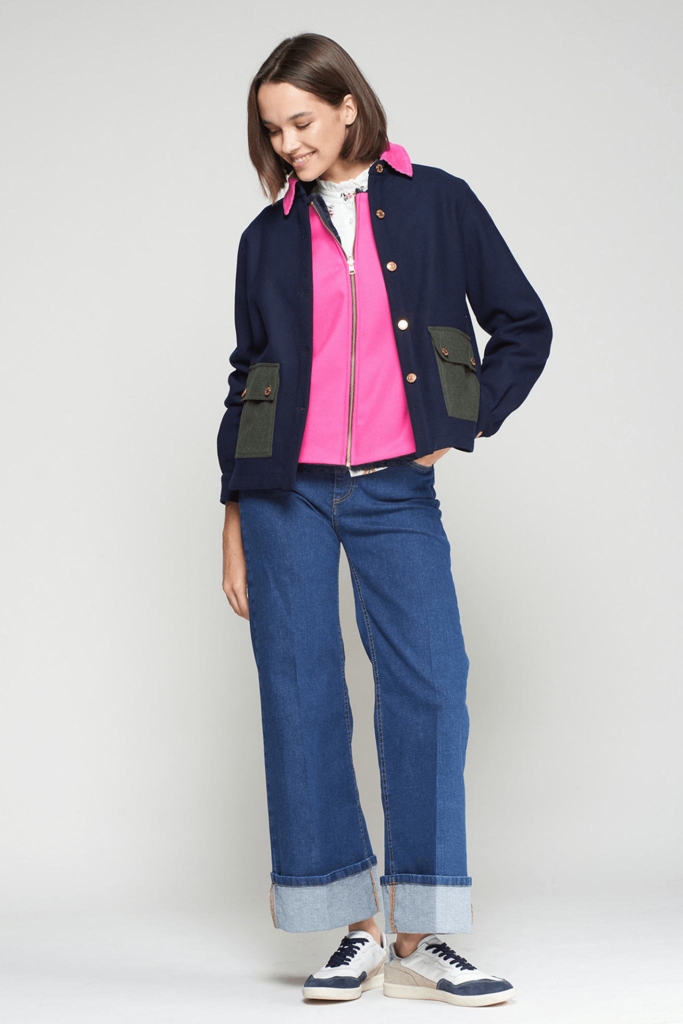 Model wearing Vilagallo 32828 Navy Jacket with Pink Cord Collar and Dachshund Detail by Vilagallo, shop at Dotique.