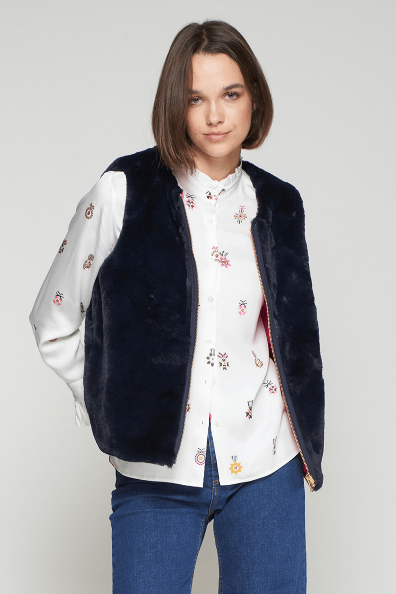 Vilagallo 32843 Reversible Pink & Navy Faux Fur Gilet by Vilagallo, shop Vilagallo at Dotique for stylish outerwear.
