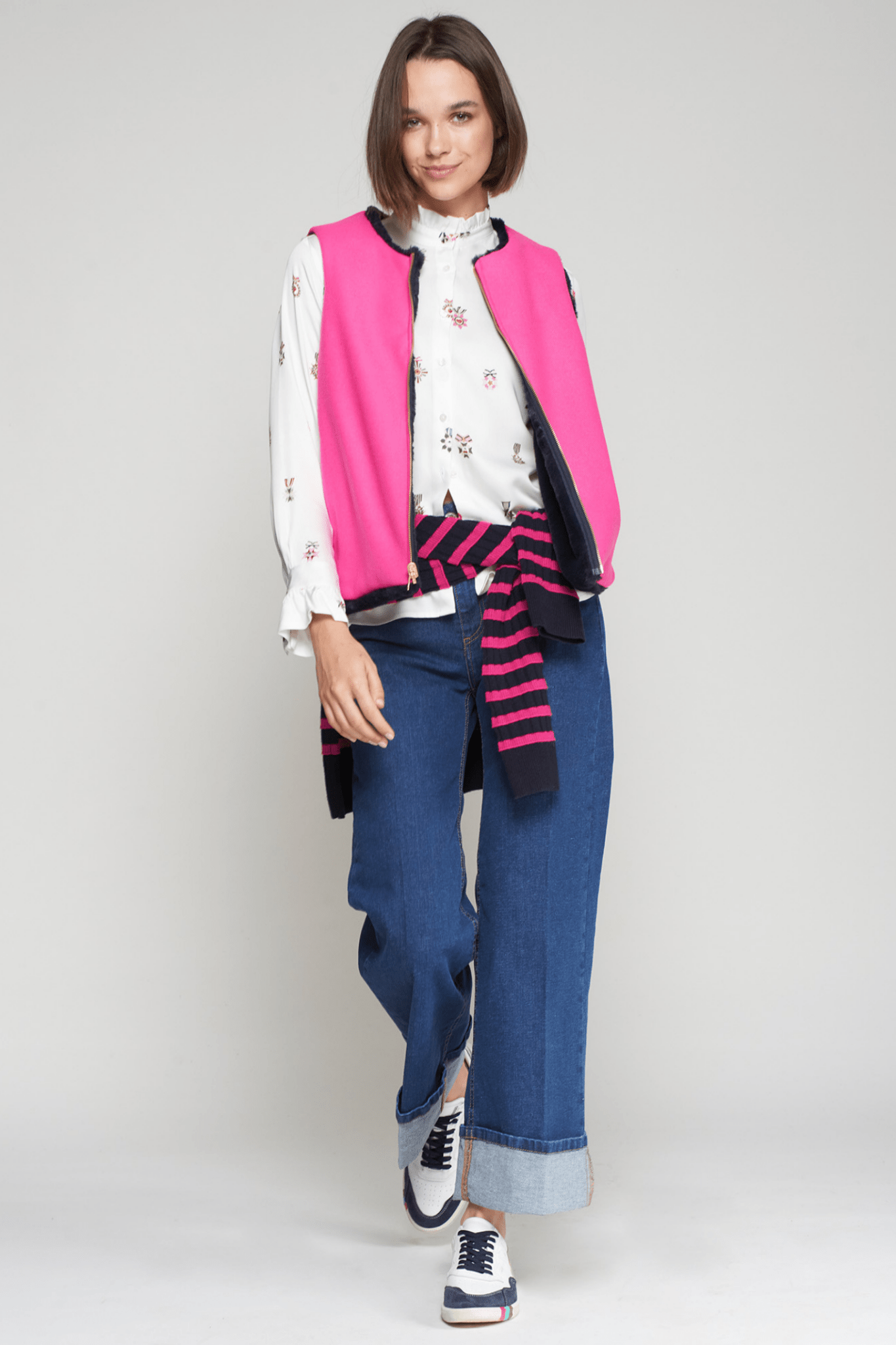 Vilagallo 32843 Reversible Pink & Navy Faux Fur Gilet by Vilagallo worn by model, shop Vilagallo at Dotique.