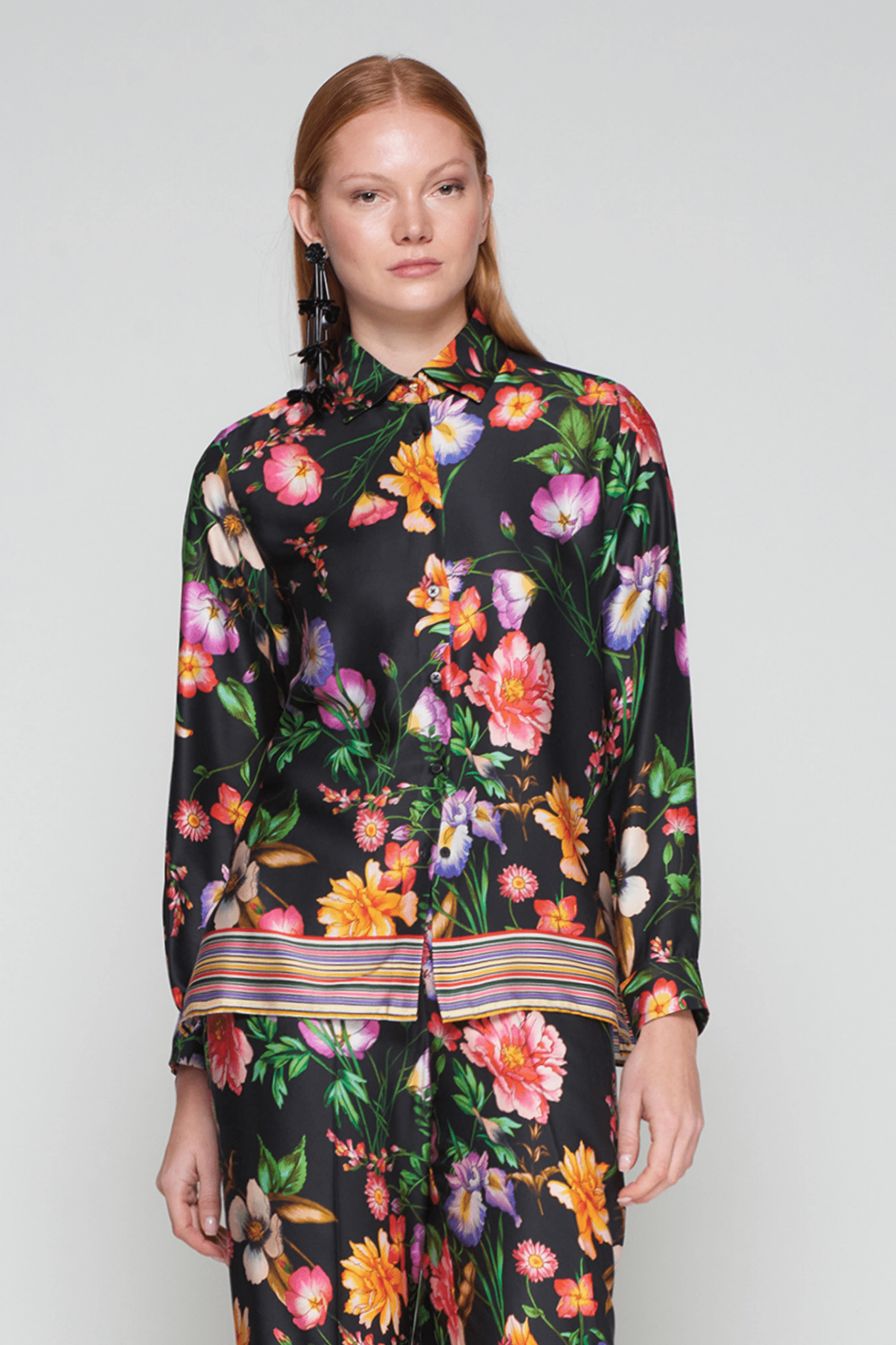 Vilagallo 32856 Black Floral Shirt with Striped Hem by Vilagallo, shop the stylish collection at Dotique.