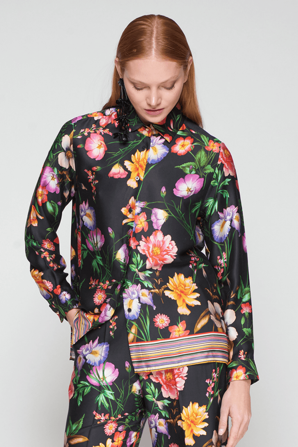 Vilagallo 32856 Black Floral Shirt with Striped Hem - Dotique - Vilagallo