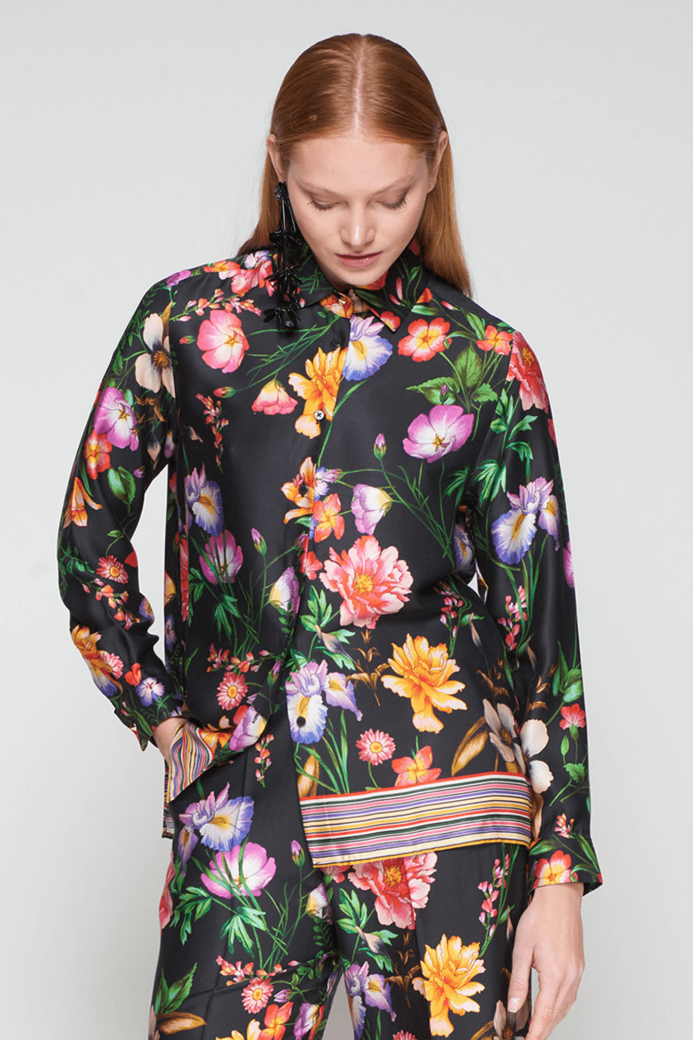 Vilagallo 32856 Black Floral Shirt with Striped Hem by Vilagallo, shop the Vilagallo collection at Dotique.