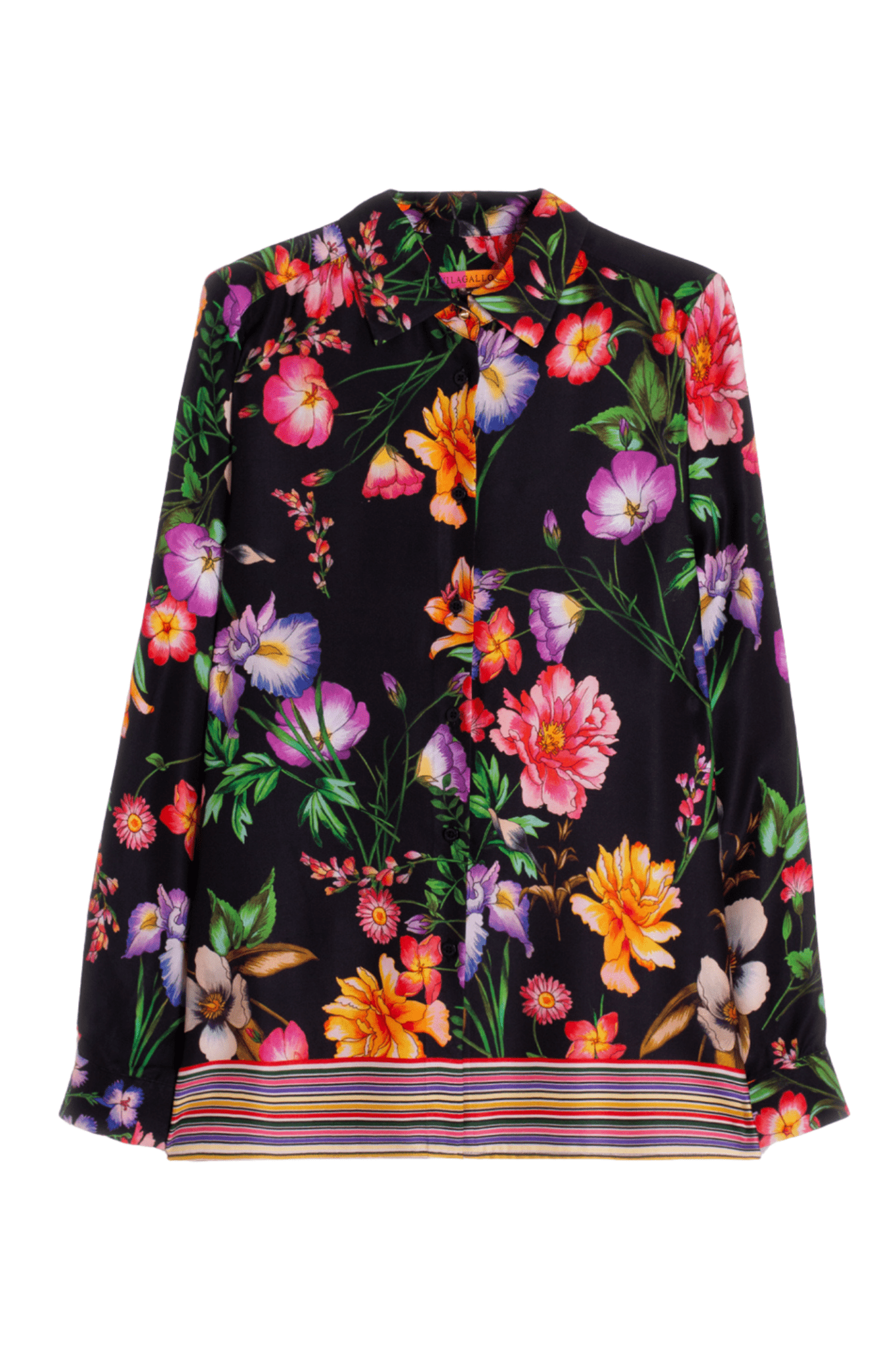 Vilagallo 32856 Black Floral Shirt with Striped Hem by Vilagallo, shop the brand at Dotique for vibrant floral style.