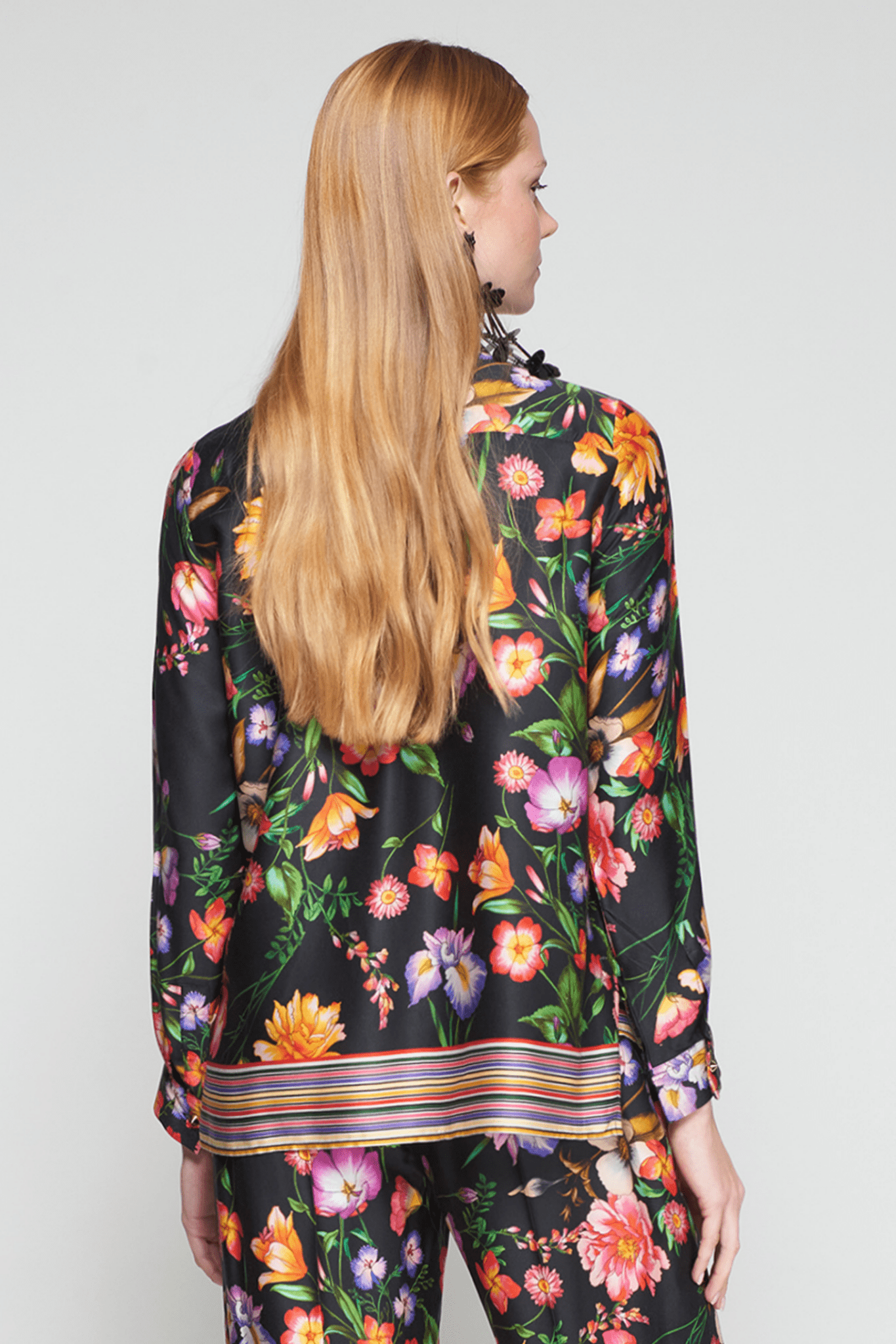 Vilagallo 32856 Black Floral Shirt with Striped Hem by Vilagallo, shop Vilagallo at Dotique for elegant style.
