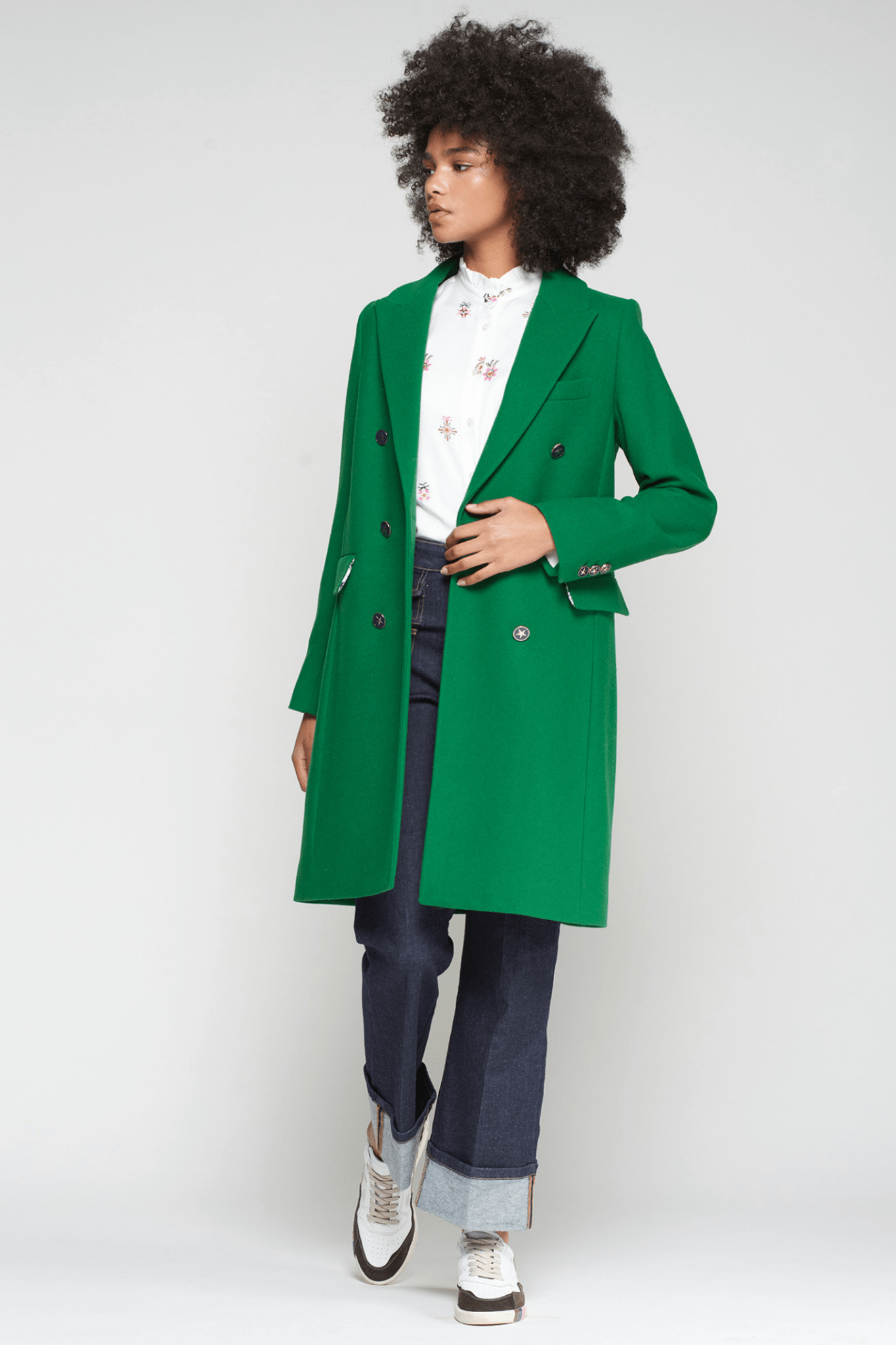 Model wearing Vilagallo 32862 Green Double-Breasted Tailored Coat by Vilagallo, shop Vilagallo at Dotique.
