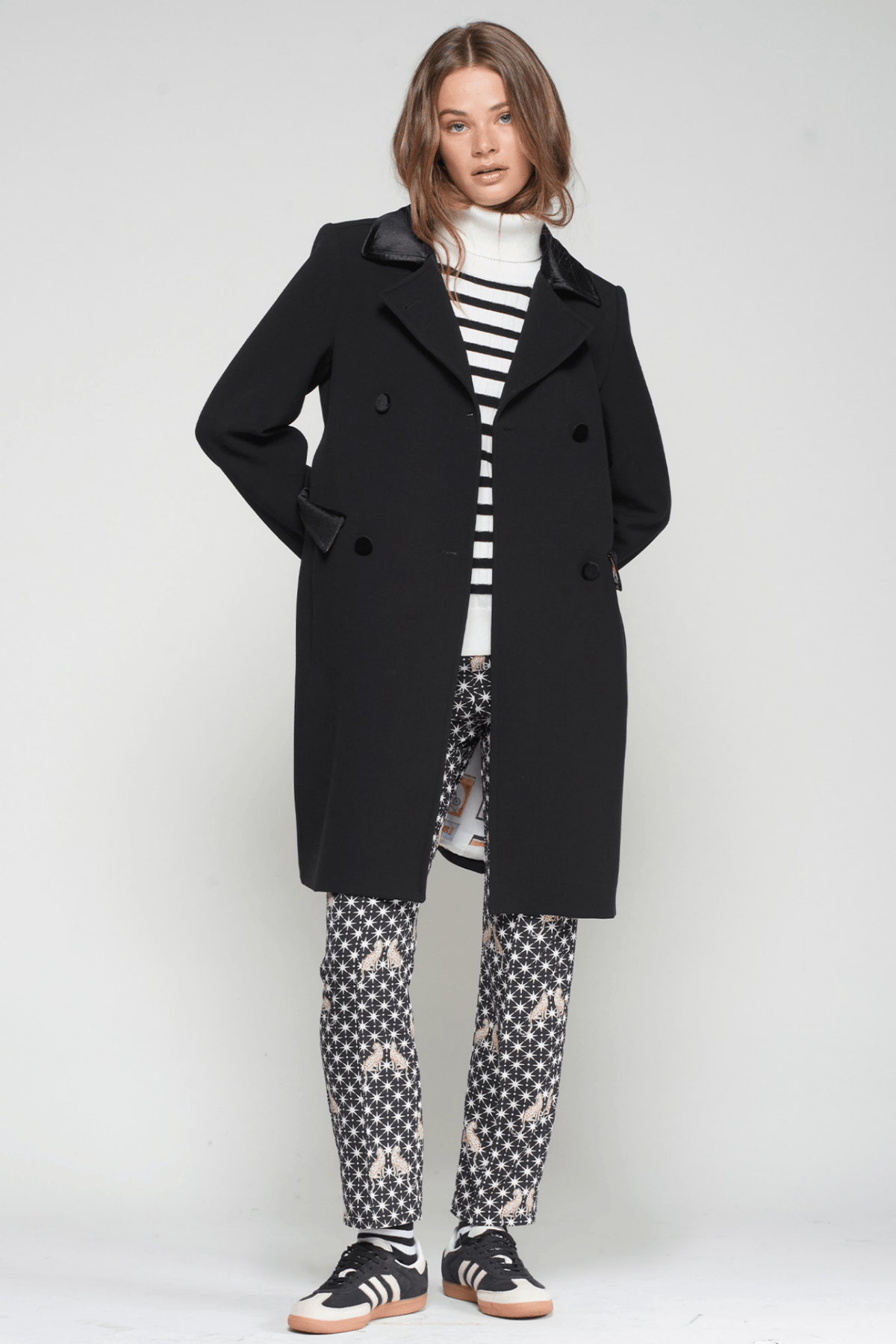 Vilagallo 32864 Black Double Breasted Coat with Satin Lapel - Dotique - Vilagallo