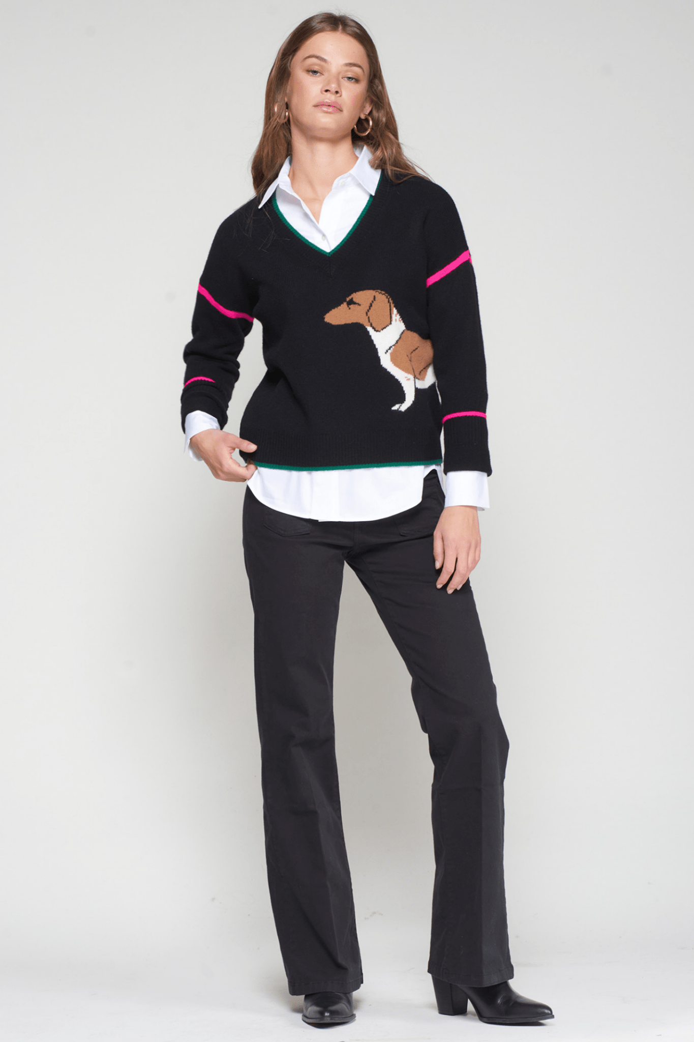 Model wearing Vilagallo 32894 Black Dachshund Intarsia Wool Jumper by Vilagallo, shop Vilagallo at Dotique
