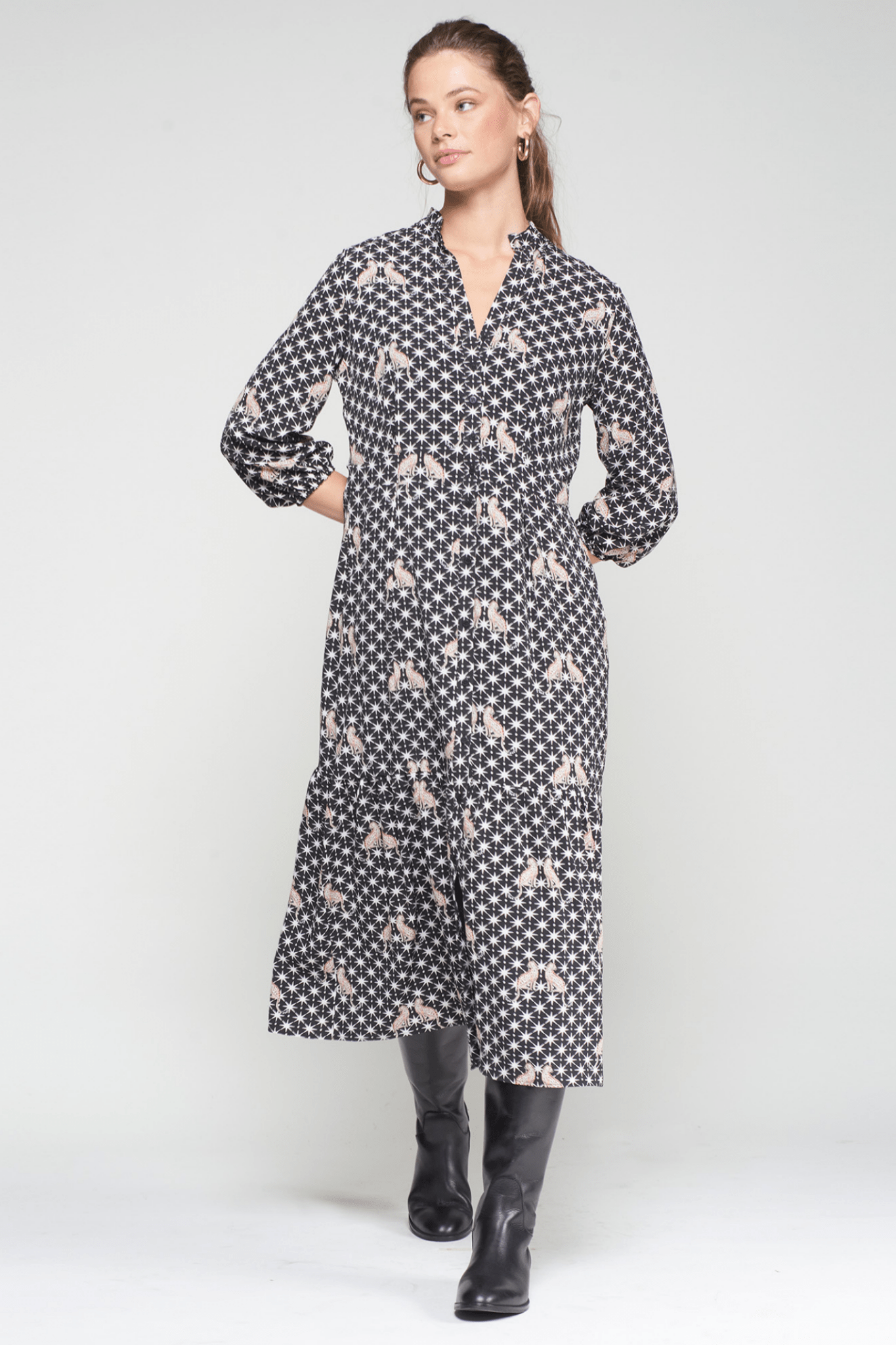 Model wearing Vilagallo 33005 Leopard Print Midi Dress by Vilagallo, shop the brand at Dotique online store.