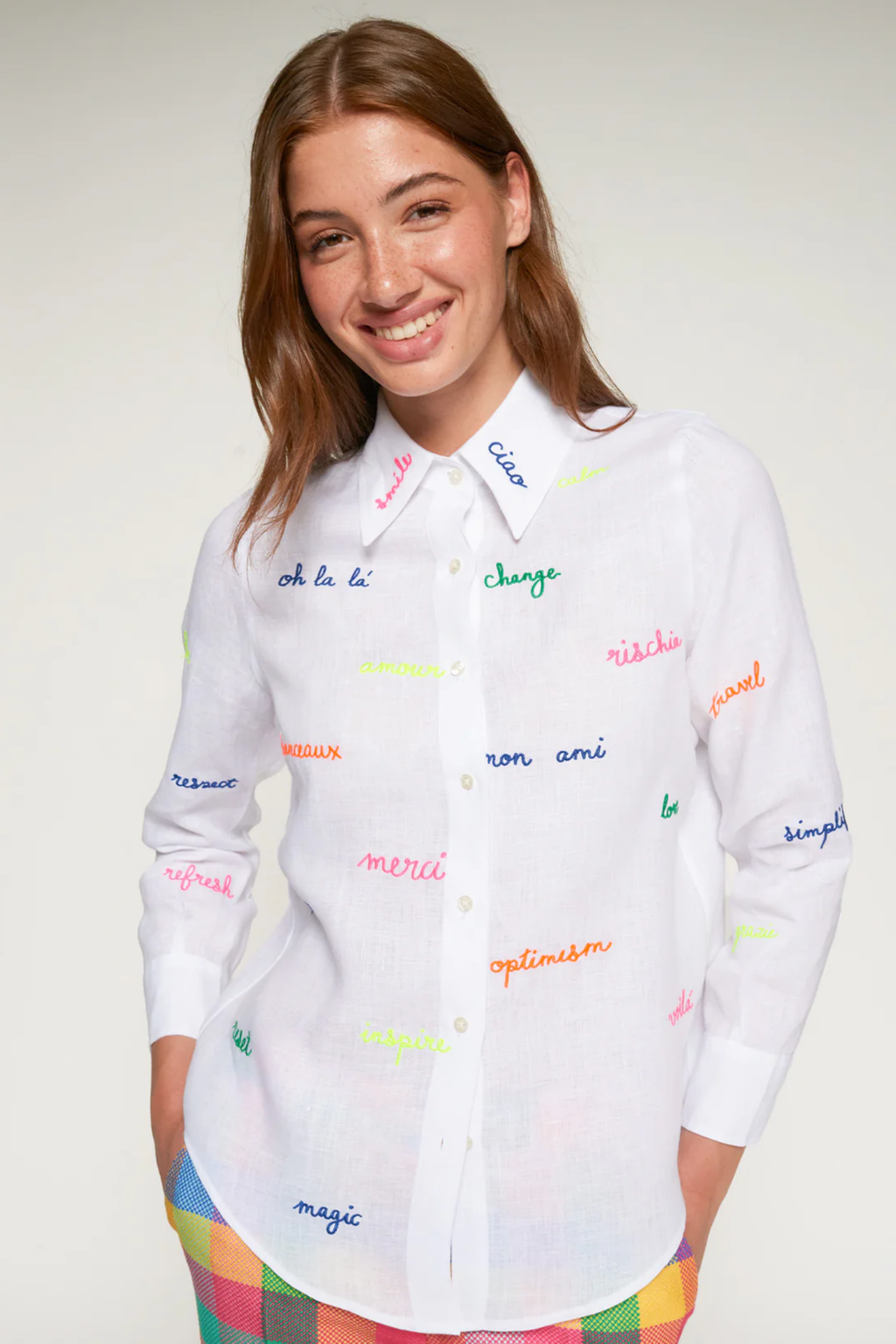 Vilagallo 33215 White Linen Embroidered Words Shirt by Vilagallo, shop Vilagallo at Dotique for stylish linen shirts.