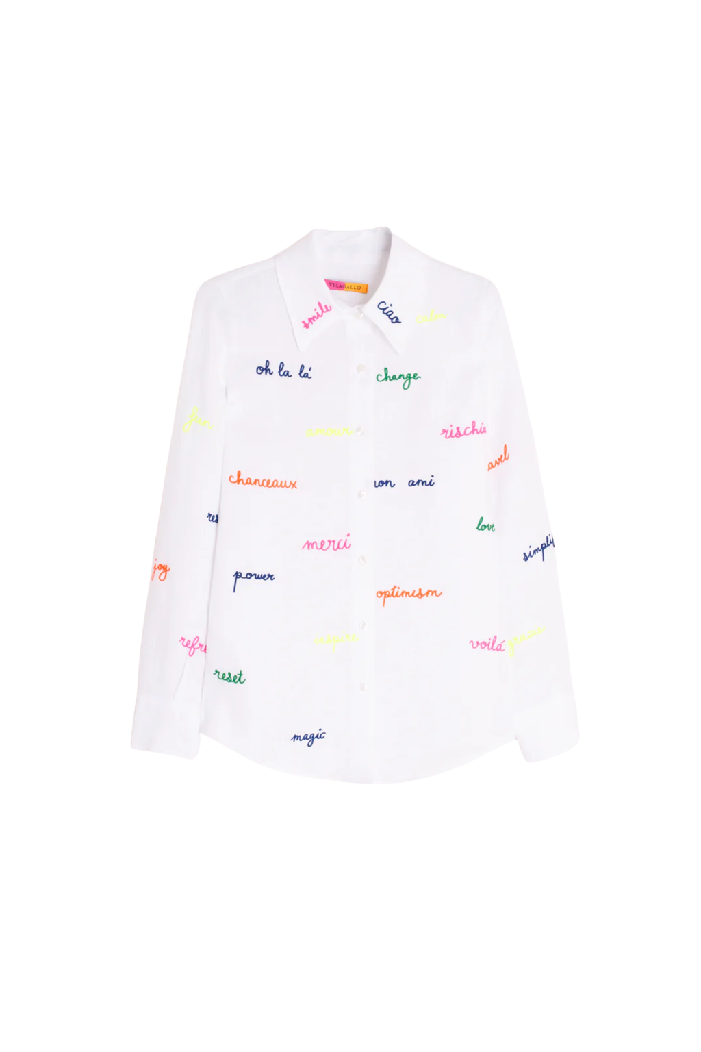 Vilagallo 33215 White Linen Embroidered Words Shirt by Vilagallo, shop this stylish piece at Dotique.