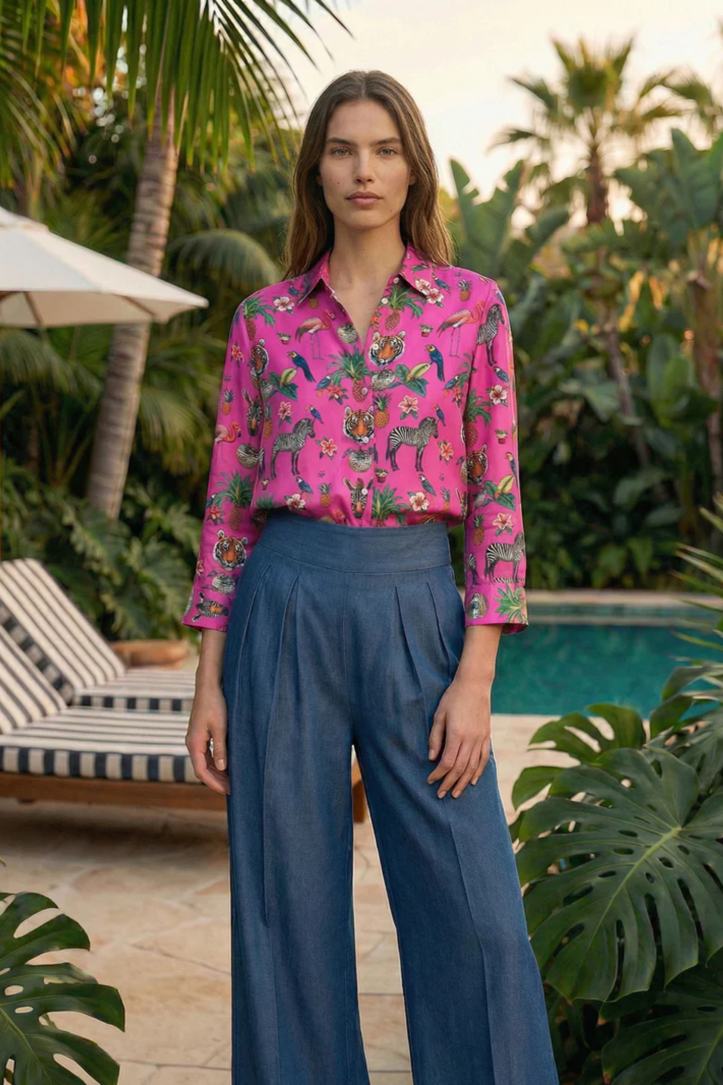 Vilagallo 33391 Fuchsia Exotic Animals Print Silk Shirt by Vilagallo, shop the Vilagallo collection at Dotique.