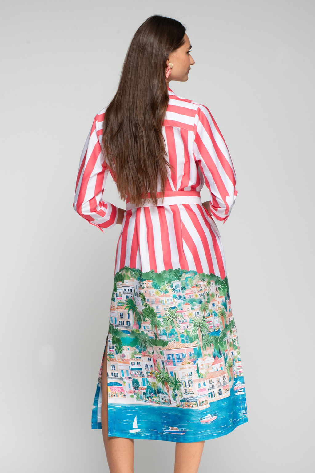 Vilagallo 33554 Striped Shirt Dress with Coastal Scenery Print