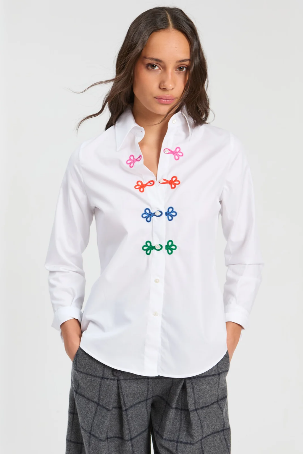 Shop the Vilagallo White Shirt with Multicolour Braid Trim at Dotique. Crafted from 100% cotton with colourful braid detailing for a timeless shirt with a playful twist.