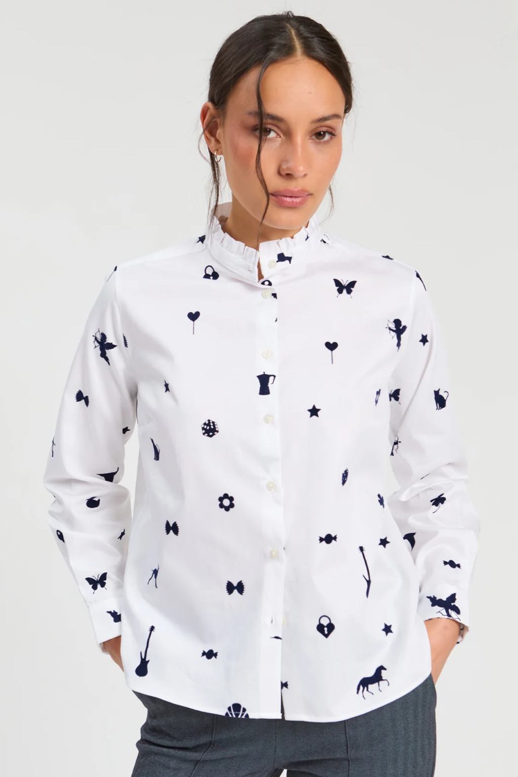 Shop the Vilagallo White Flocked Motif Shirt at Dotique. Crafted from 100% cotton with elegant textured flocked detailing and a timeless tailored silhouette.