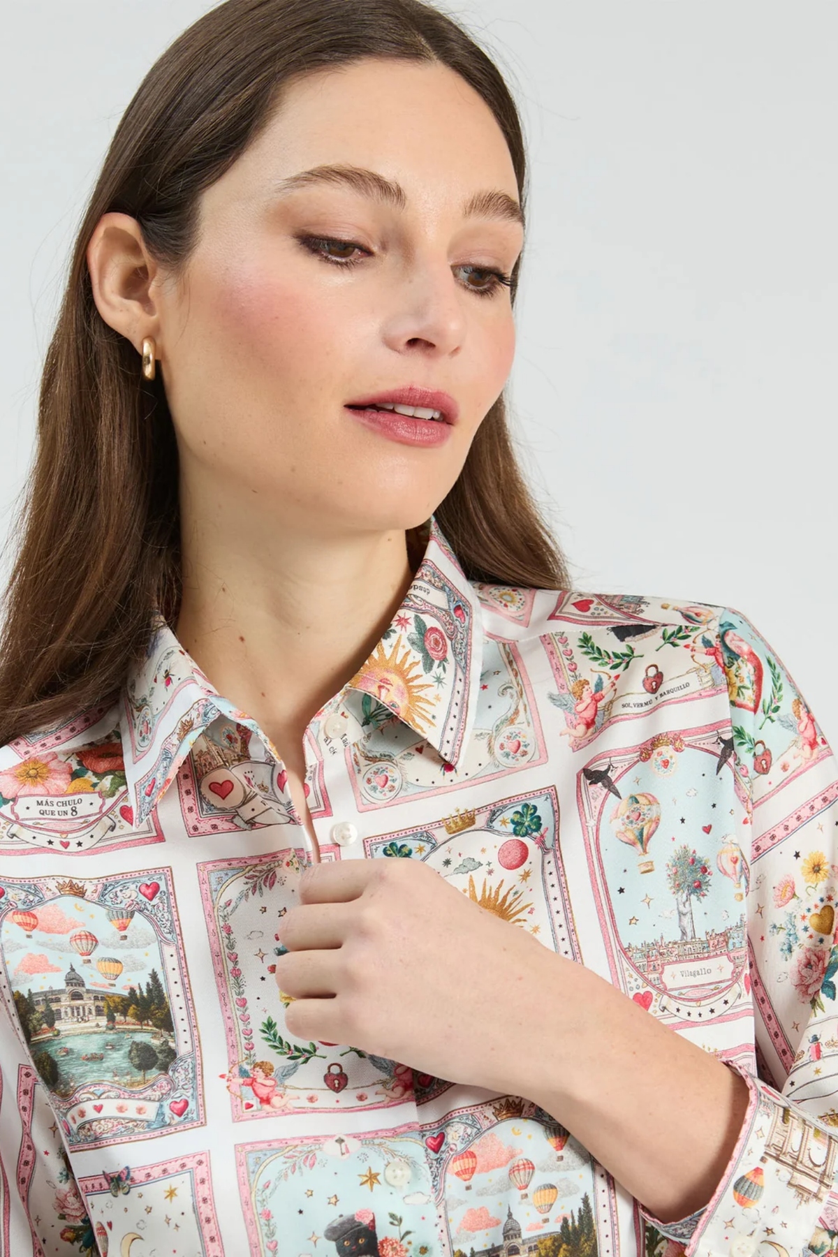 Vilagallo 33787 Madrid Twill Printed Shirt worn by woman in colorful print Shop Vilagallo at Dotique