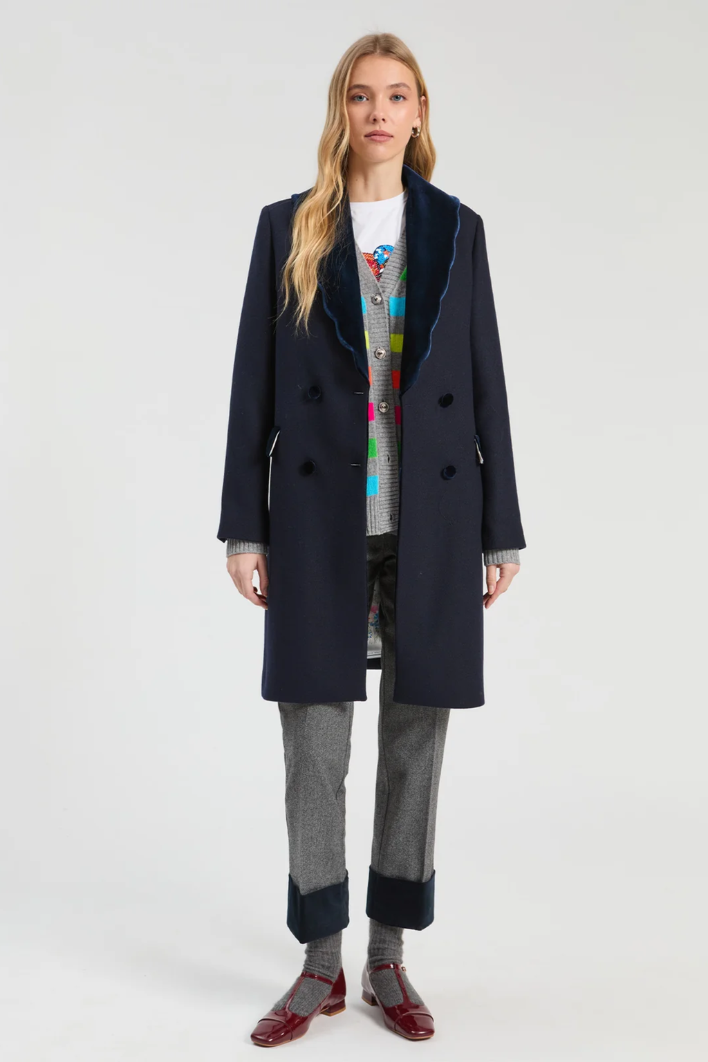 Shop the Vilagallo Navy Wool Double-Breasted Coat at Dotique. A beautifully tailored wool-blend coat in classic navy with statement buttons and signature printed lining.