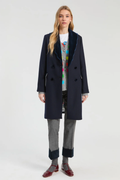 Shop the Vilagallo Navy Wool Double-Breasted Coat at Dotique. A beautifully tailored wool-blend coat in classic navy with statement buttons and signature printed lining.
