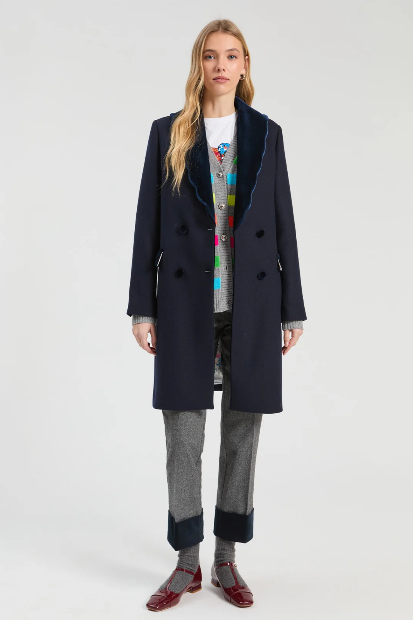 Shop the Vilagallo Navy Wool Double-Breasted Coat at Dotique. A beautifully tailored wool-blend coat in classic navy with statement buttons and signature printed lining.