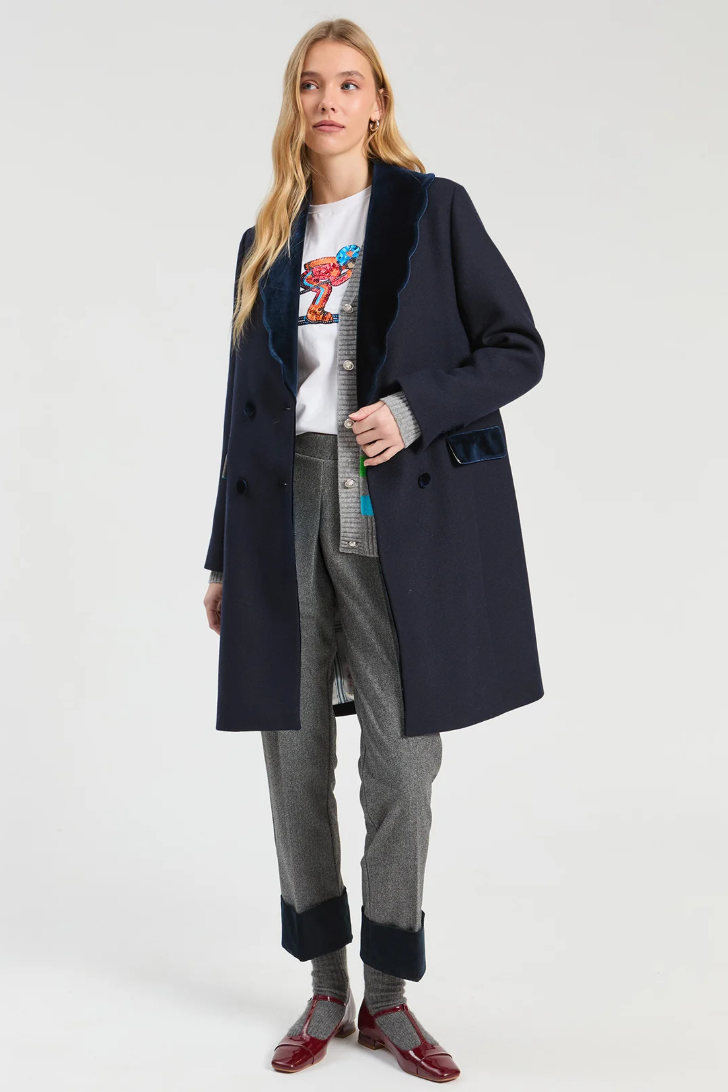 Shop the Vilagallo Navy Wool Double-Breasted Coat at Dotique. A beautifully tailored wool-blend coat in classic navy with statement buttons and signature printed lining.