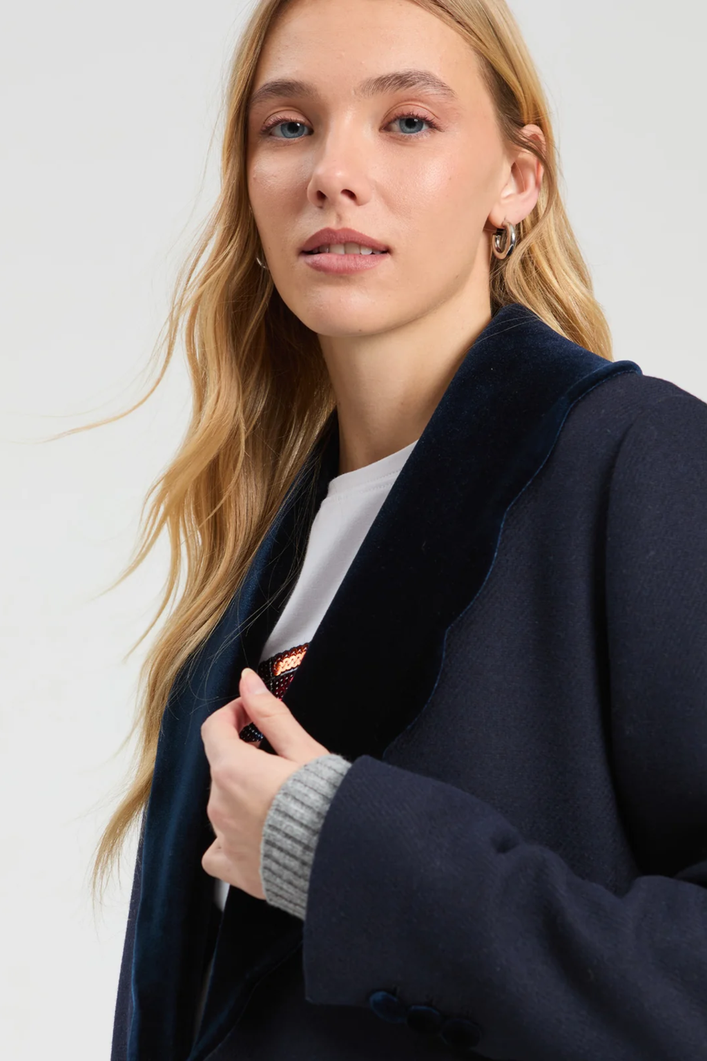 Shop the Vilagallo Navy Wool Double-Breasted Coat at Dotique. A beautifully tailored wool-blend coat in classic navy with statement buttons and signature printed lining.