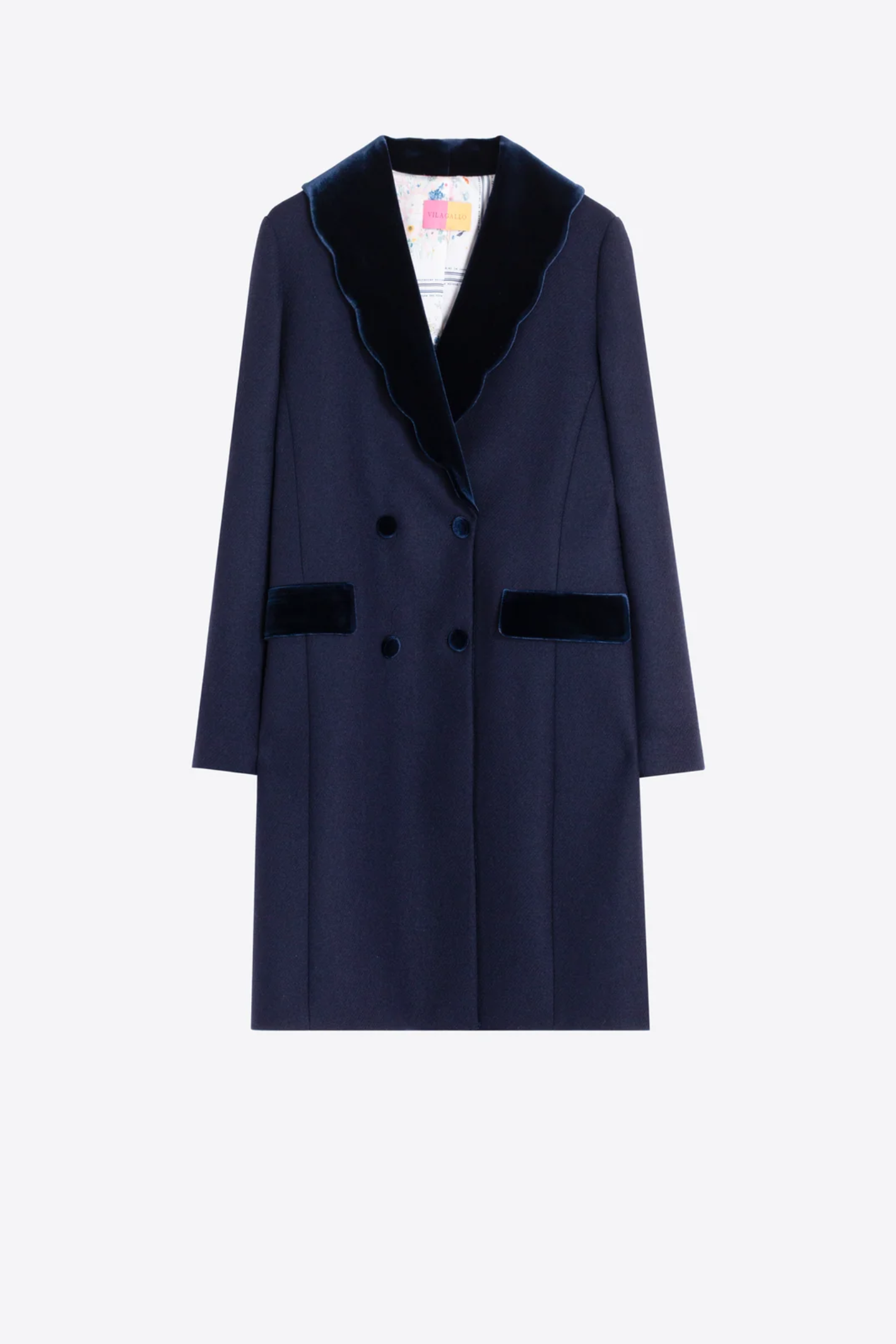 Shop the Vilagallo Navy Wool Double-Breasted Coat at Dotique. A beautifully tailored wool-blend coat in classic navy with statement buttons and signature printed lining.