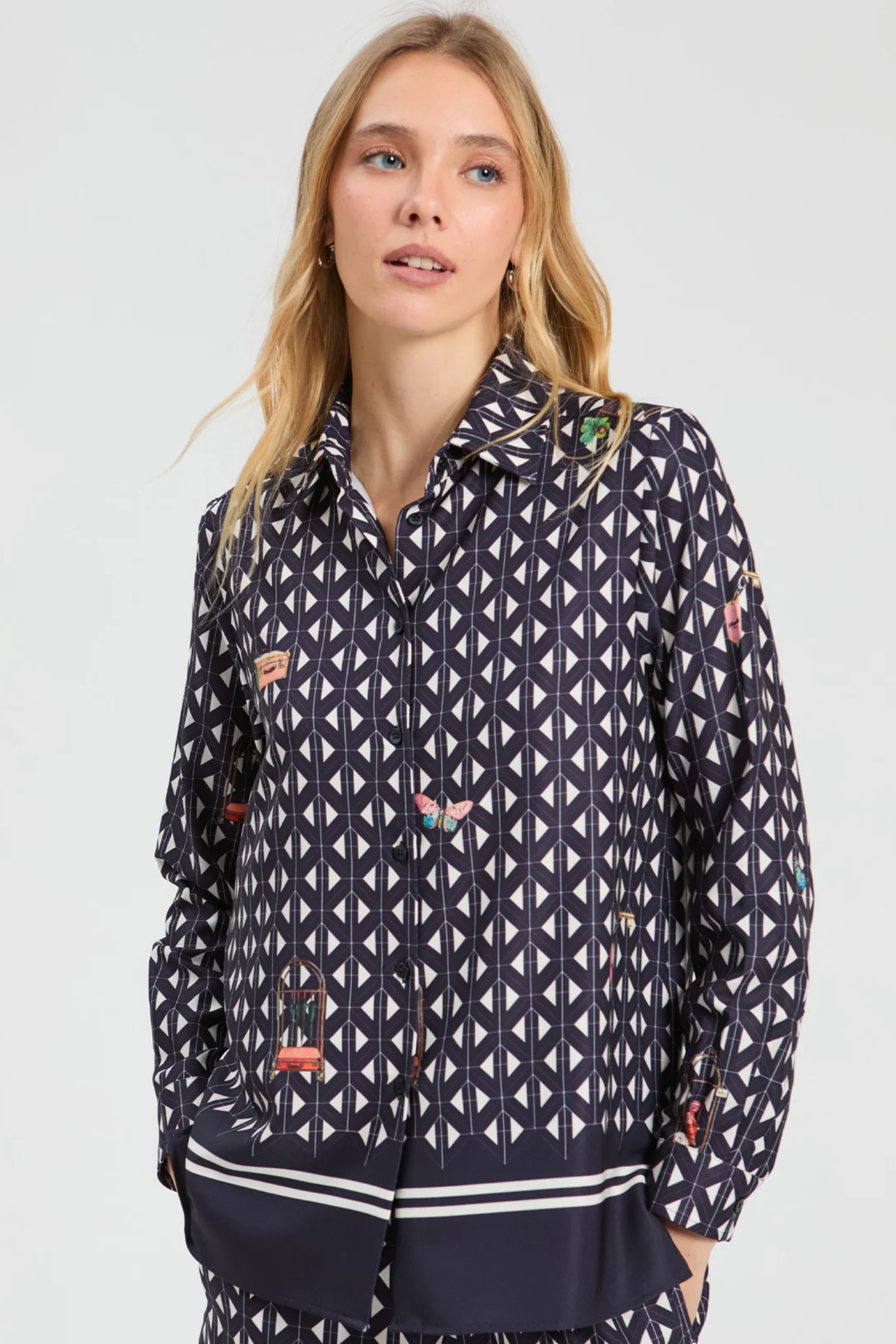 Shop the Vilagallo Navy Geometric Hotel Print Shirt at Dotique. A statement shirt with an exclusive travel-inspired geometric print, classic tailoring and effortless everyday style.