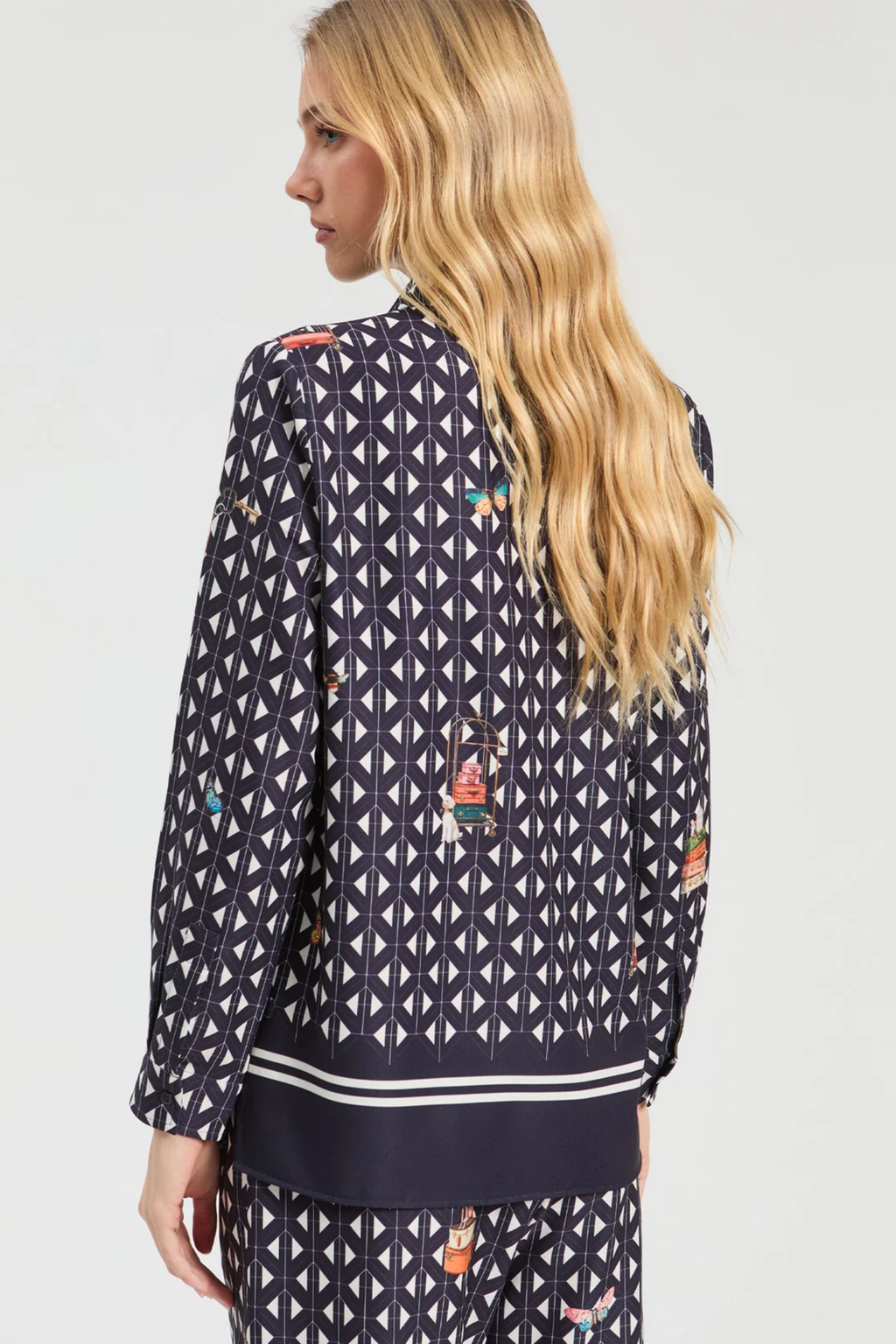 Shop the Vilagallo Navy Geometric Hotel Print Shirt at Dotique. A statement shirt with an exclusive travel-inspired geometric print, classic tailoring and effortless everyday style.