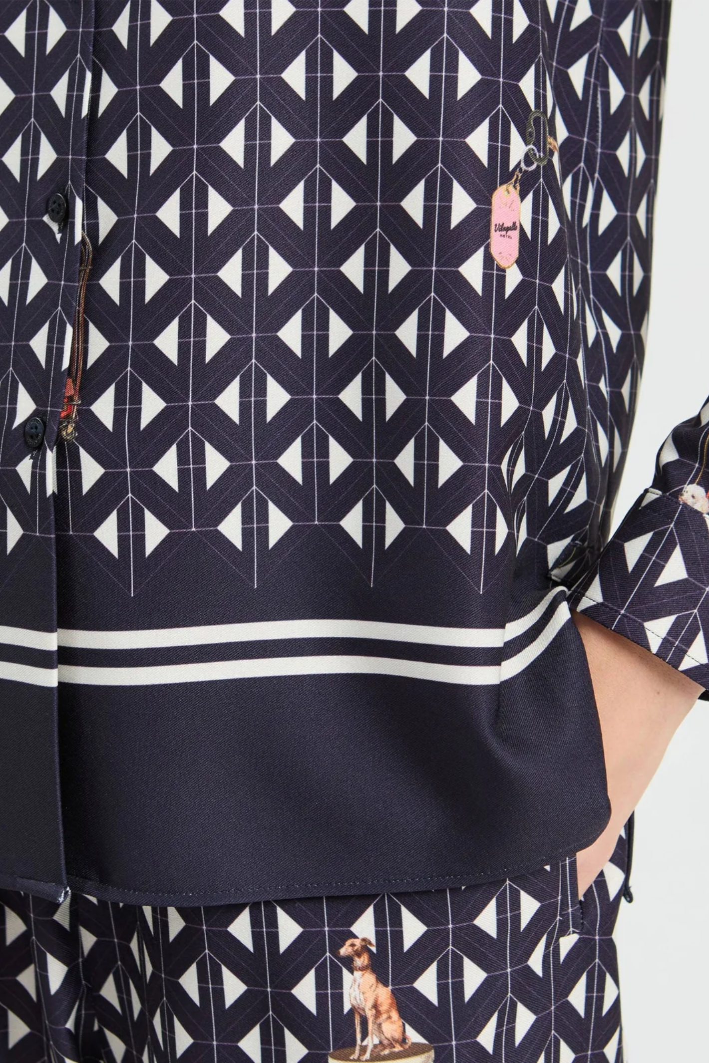 Shop the Vilagallo Navy Geometric Hotel Print Shirt at Dotique. A statement shirt with an exclusive travel-inspired geometric print, classic tailoring and effortless everyday style.