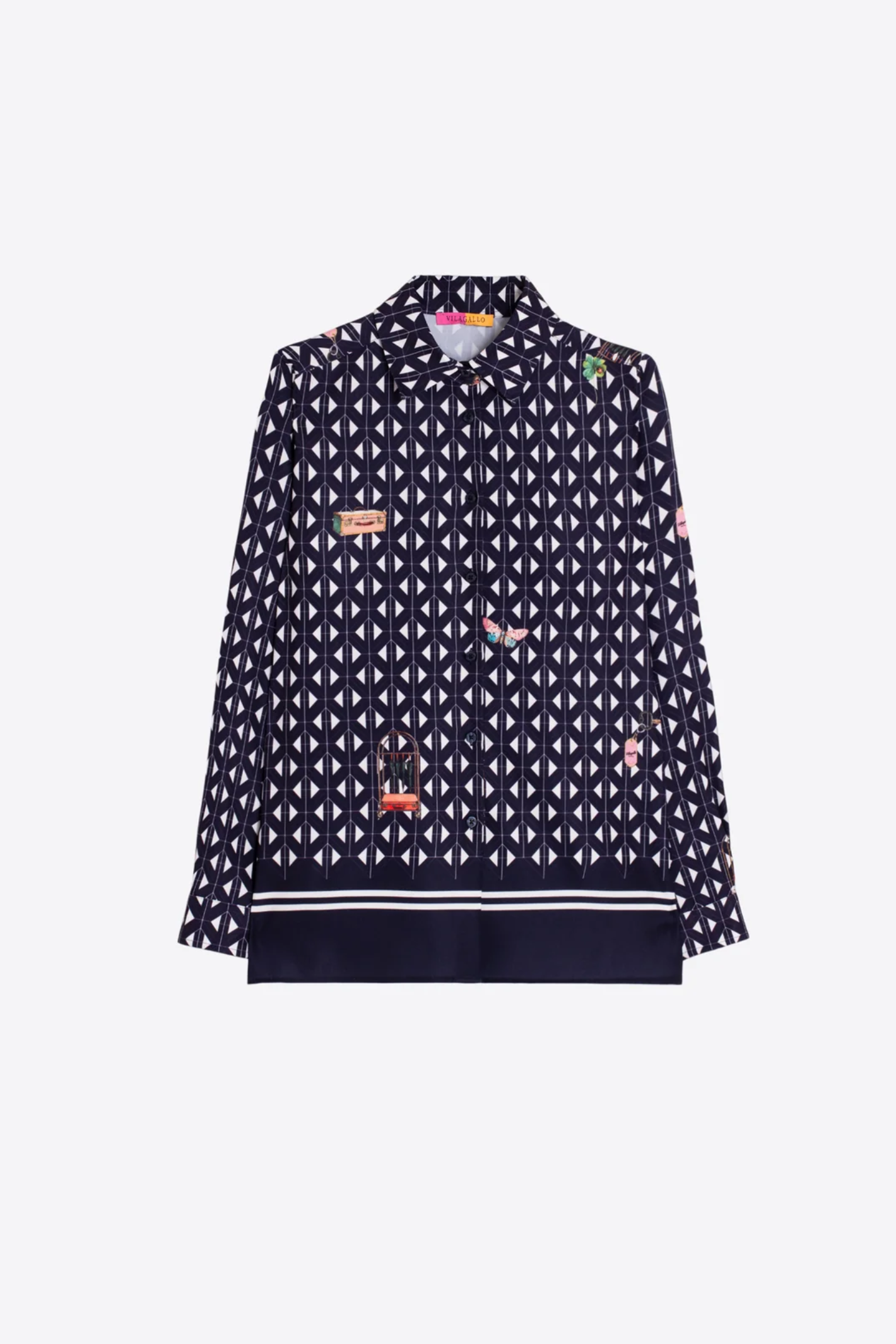 Shop the Vilagallo Navy Geometric Hotel Print Shirt at Dotique. A statement shirt with an exclusive travel-inspired geometric print, classic tailoring and effortless everyday style.