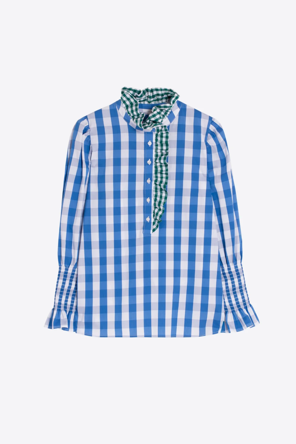 Shop the Vilagallo Blue Gingham Tie Neck Shirt at Dotique. Designed in a bold blue check with a statement tie neckline and a comfortable cotton-blend fabric.
