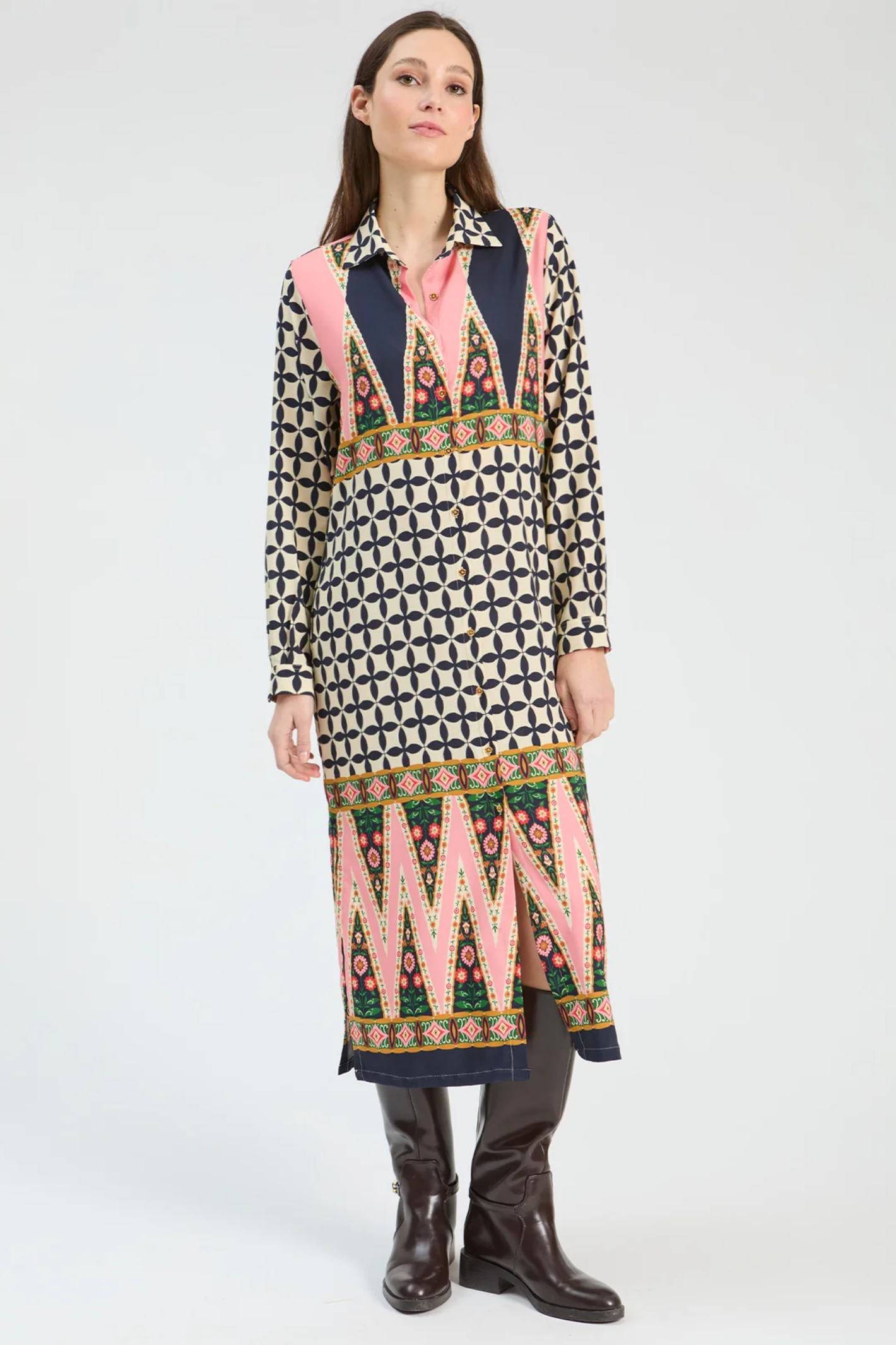 Shop the Vilagallo Pink & Black Geometric Midi Dress at Dotique. A striking midi dress with an exclusive geometric print, perfect for weddings, parties and elegant everyday dressing.