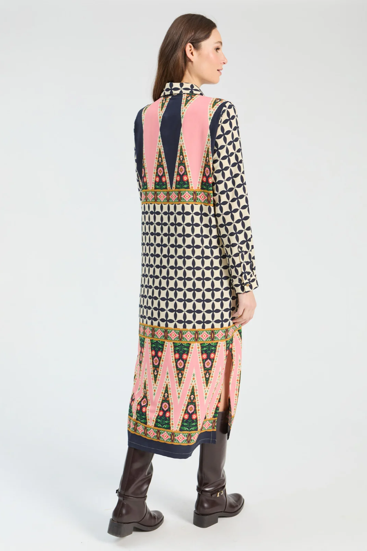 Shop the Vilagallo Pink & Black Geometric Midi Dress at Dotique. A striking midi dress with an exclusive geometric print, perfect for weddings, parties and elegant everyday dressing.