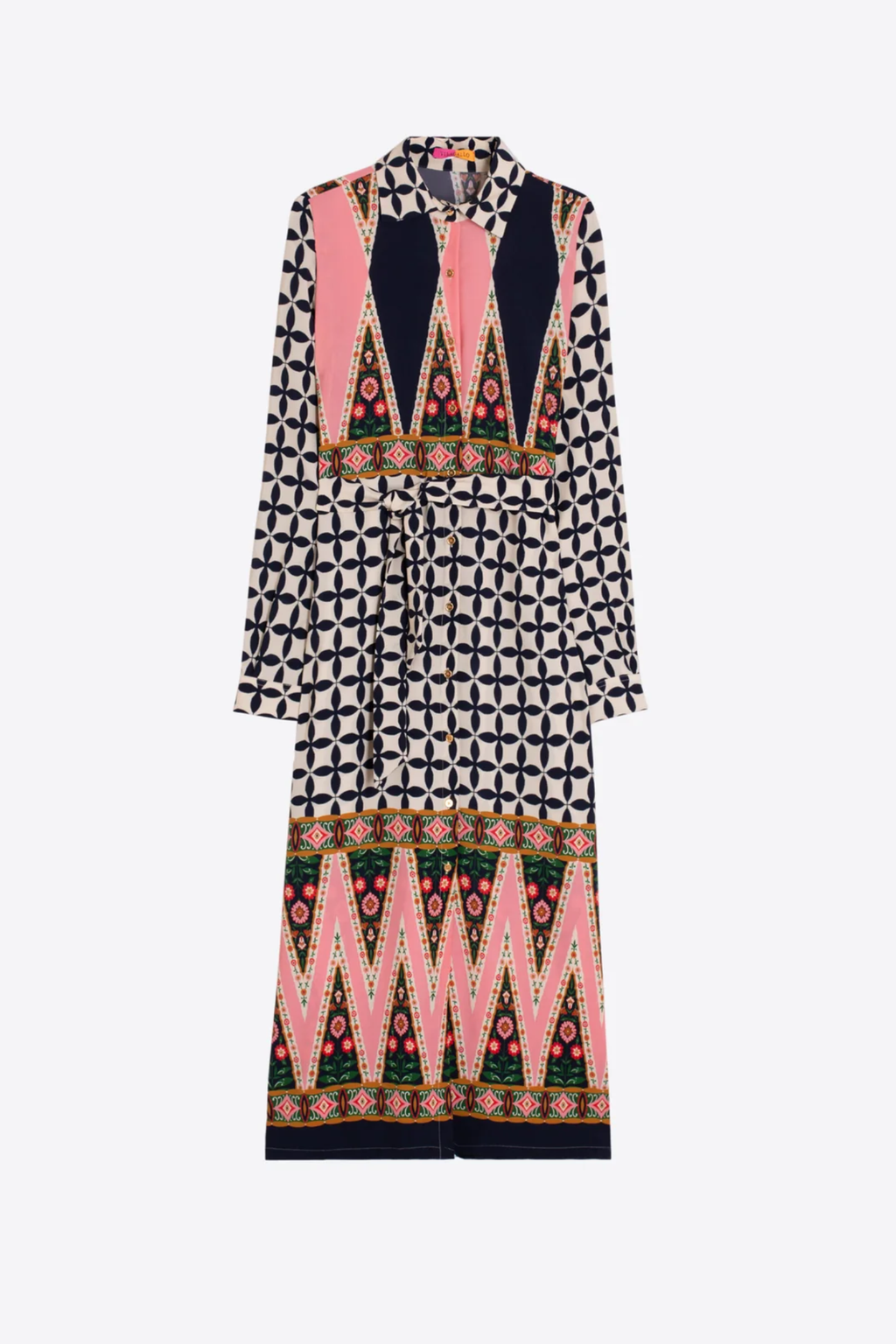 Shop the Vilagallo Pink & Black Geometric Midi Dress at Dotique. A striking midi dress with an exclusive geometric print, perfect for weddings, parties and elegant everyday dressing.