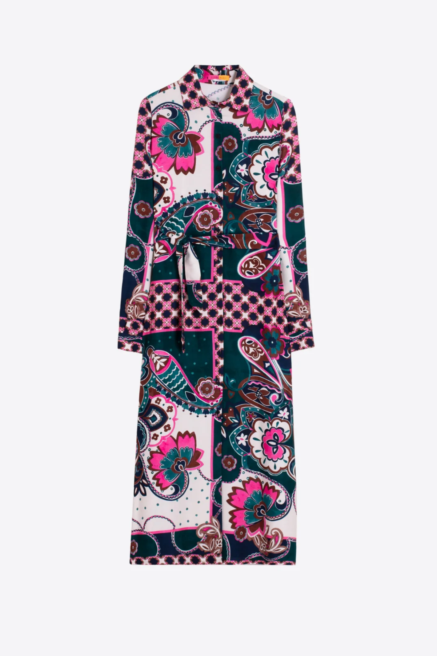 Shop the Vilagallo Pink & Green Paisley Midi Dress at Dotique. A beautifully flattering midi dress with an exclusive paisley print, perfect for weddings, holidays and special occasions.