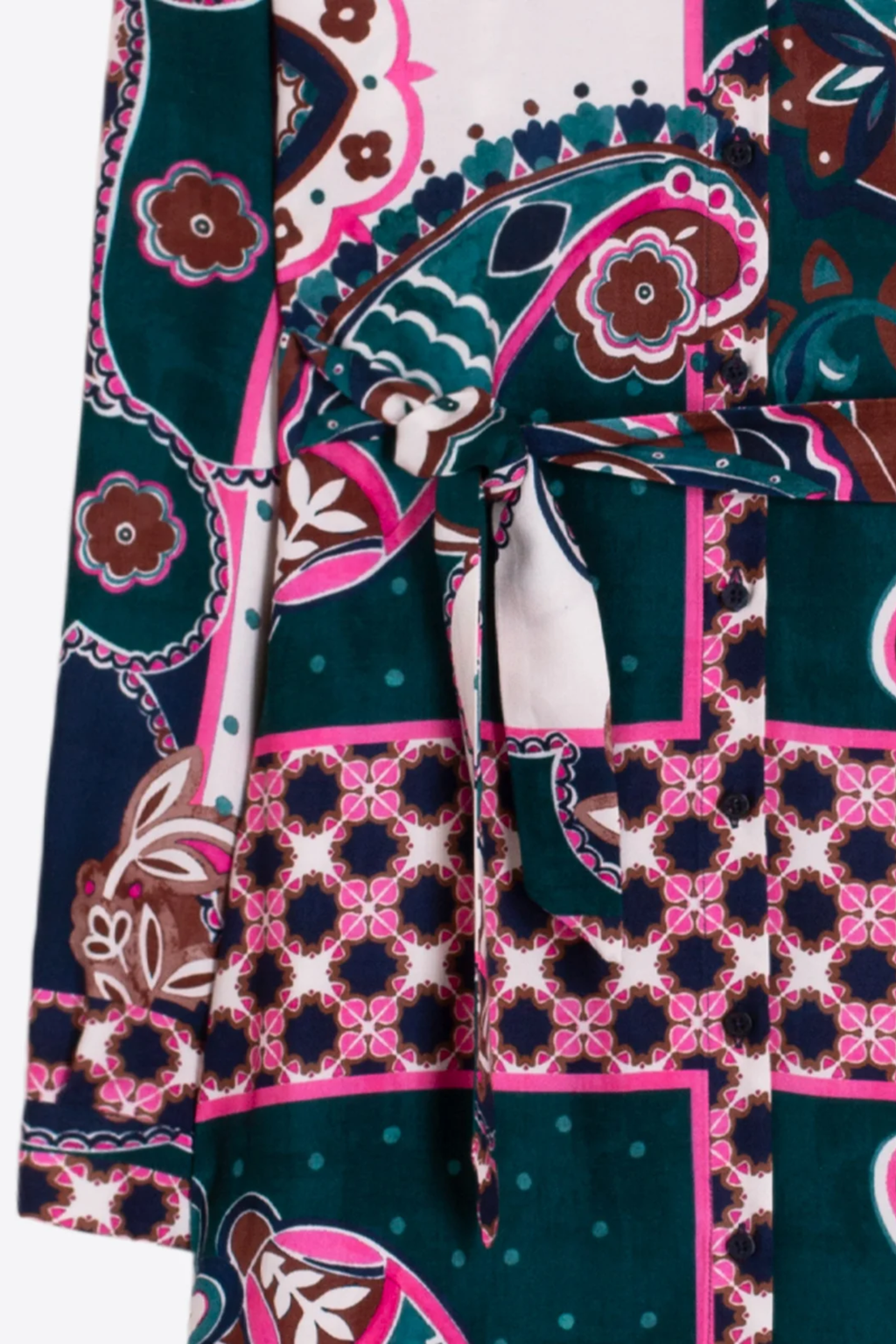 Shop the Vilagallo Pink & Green Paisley Midi Dress at Dotique. A beautifully flattering midi dress with an exclusive paisley print, perfect for weddings, holidays and special occasions.