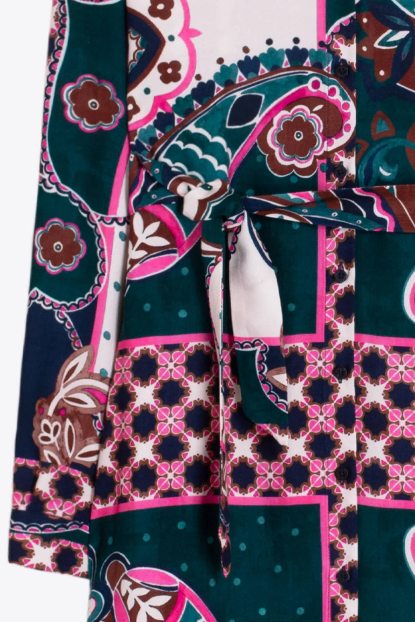 Shop the Vilagallo Pink & Green Paisley Midi Dress at Dotique. A beautifully flattering midi dress with an exclusive paisley print, perfect for weddings, holidays and special occasions.