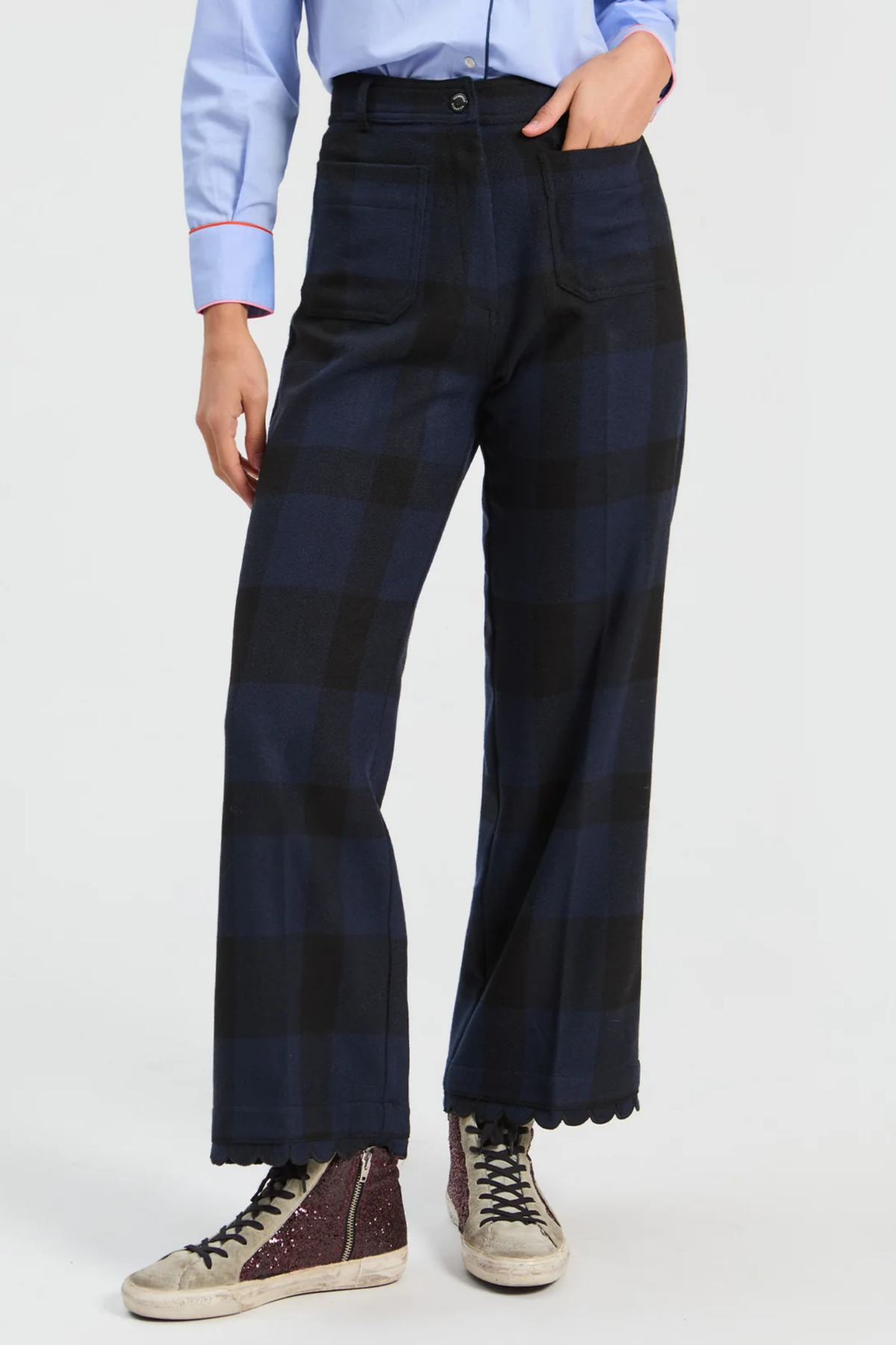 Vilagallo 33849 Navy & Black Check Wool-Blend Trousers worn with trainers. Shop Vilagallo at Dotique.
