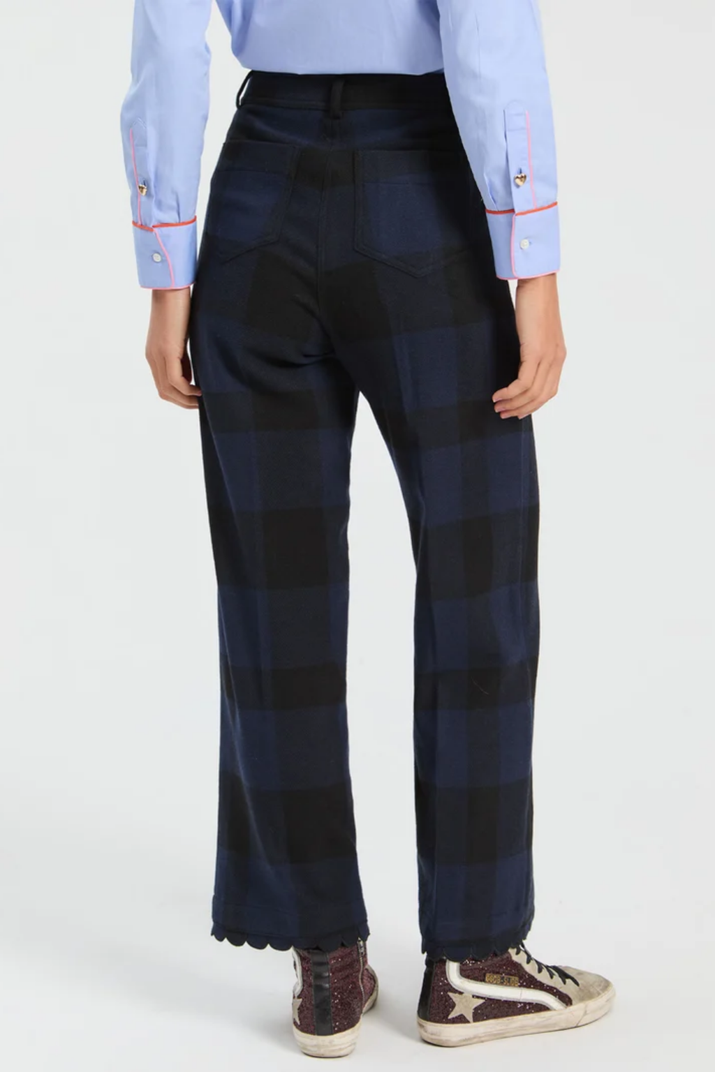 Vilagallo 33849 Navy & Black Check Wool-Blend Trousers shown from the back. Shop Vilagallo at Dotique.