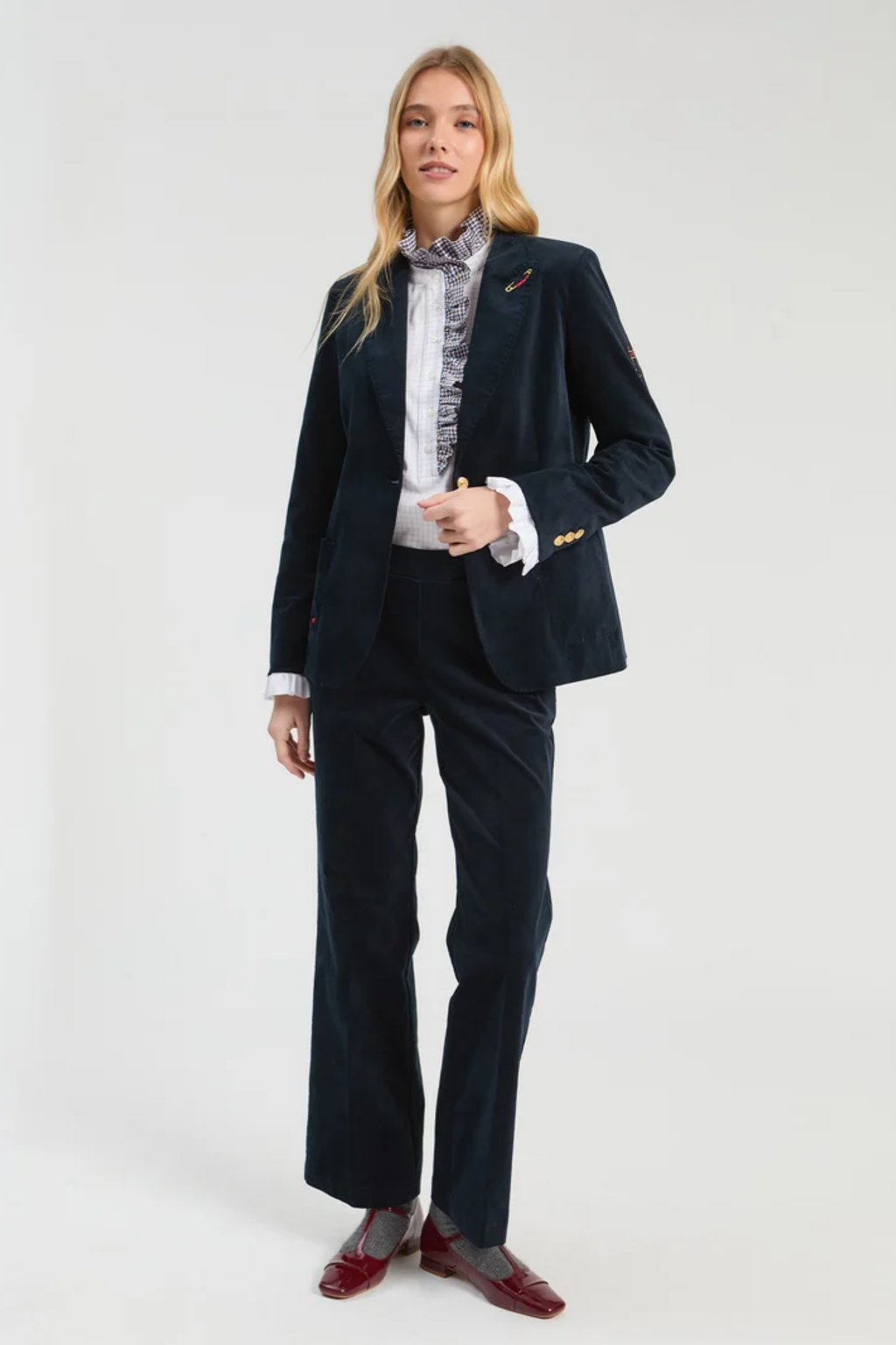 Vilagallo 33863 Navy Velvet Embroidered Blazer worn by a model Shop Vilagallo at Dotique